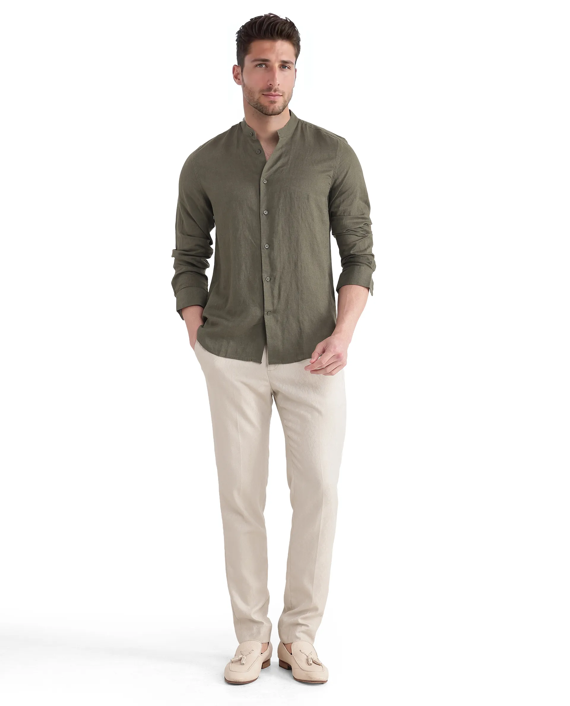 Rare Rabbit Men's Cinex Ls-25 Olive Linen Blend Plain Regular Fit Full Sleeve Mandarin Collar Shirt - Image 2