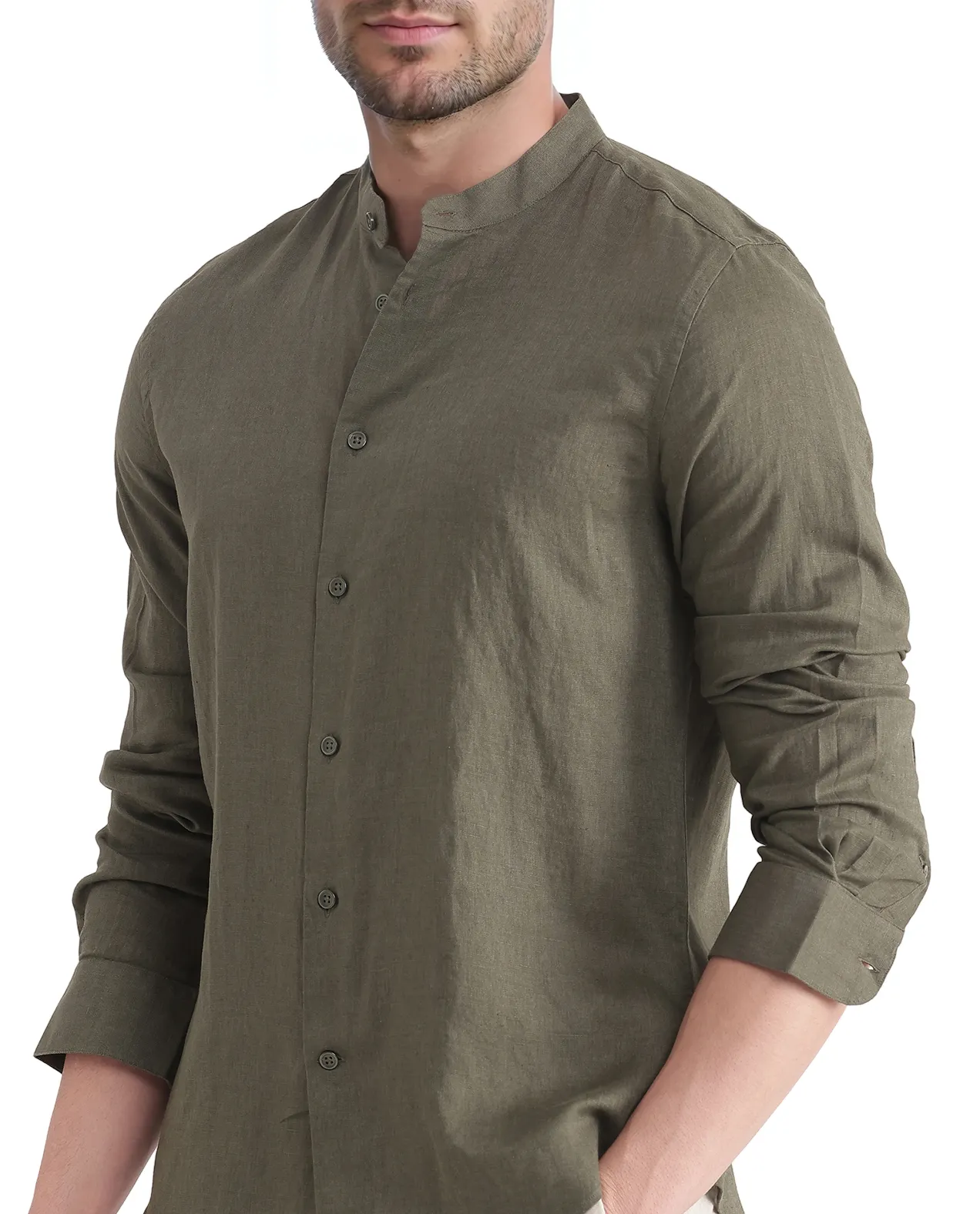 Rare Rabbit Men's Cinex Ls-25 Olive Linen Blend Plain Regular Fit Full Sleeve Mandarin Collar Shirt - Image 3