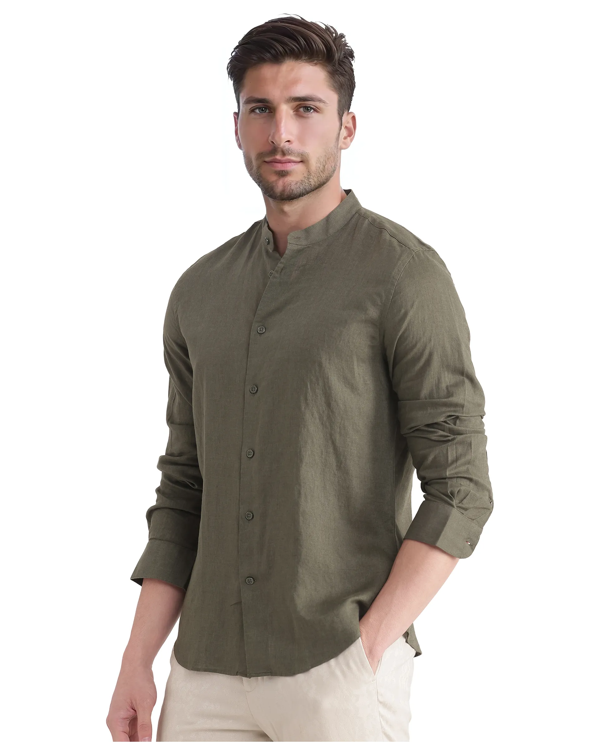 Rare Rabbit Men's Cinex Ls-25 Olive Linen Blend Plain Regular Fit Full Sleeve Mandarin Collar Shirt - Image 4