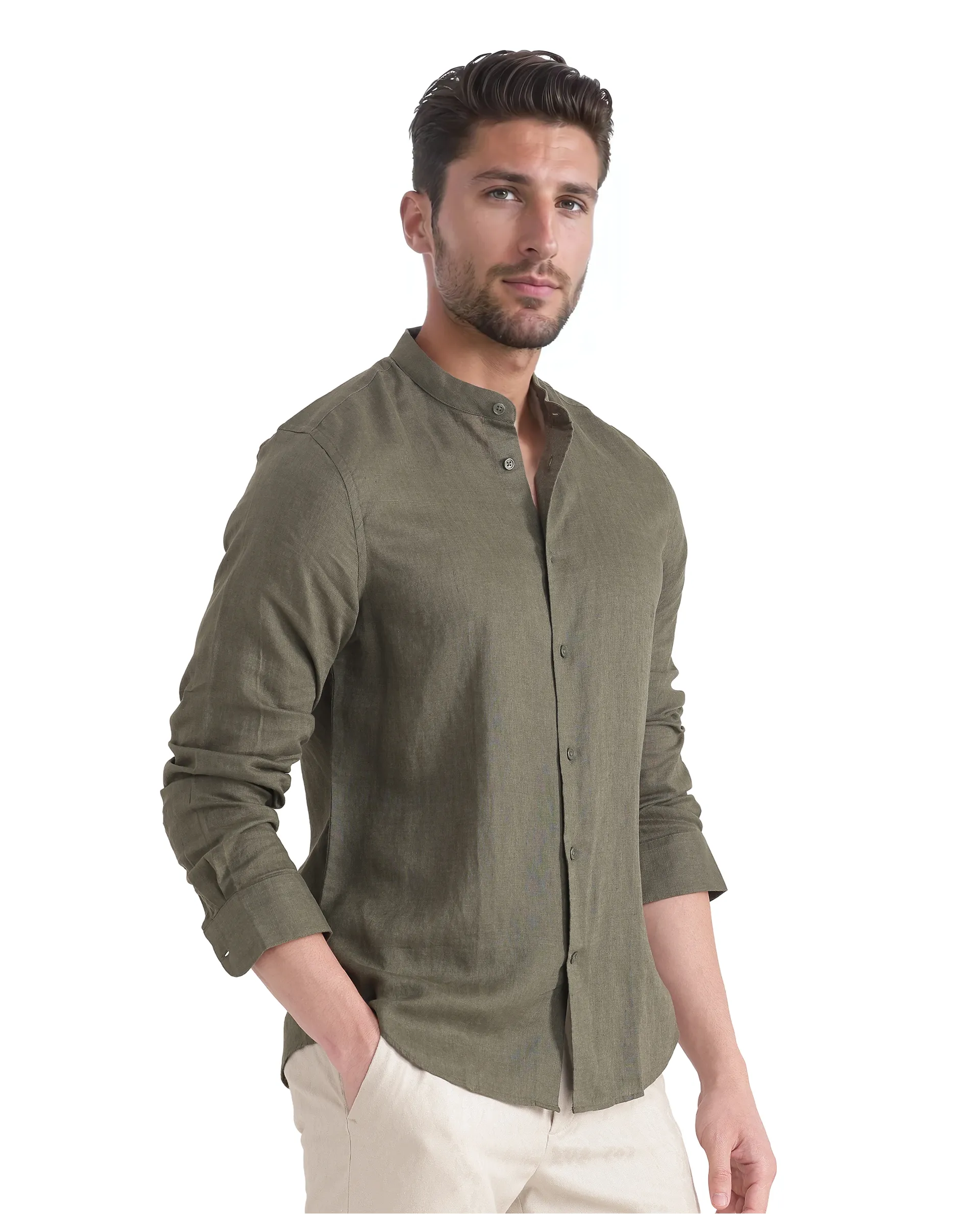 Rare Rabbit Men's Cinex Ls-25 Olive Linen Blend Plain Regular Fit Full Sleeve Mandarin Collar Shirt - Image 5