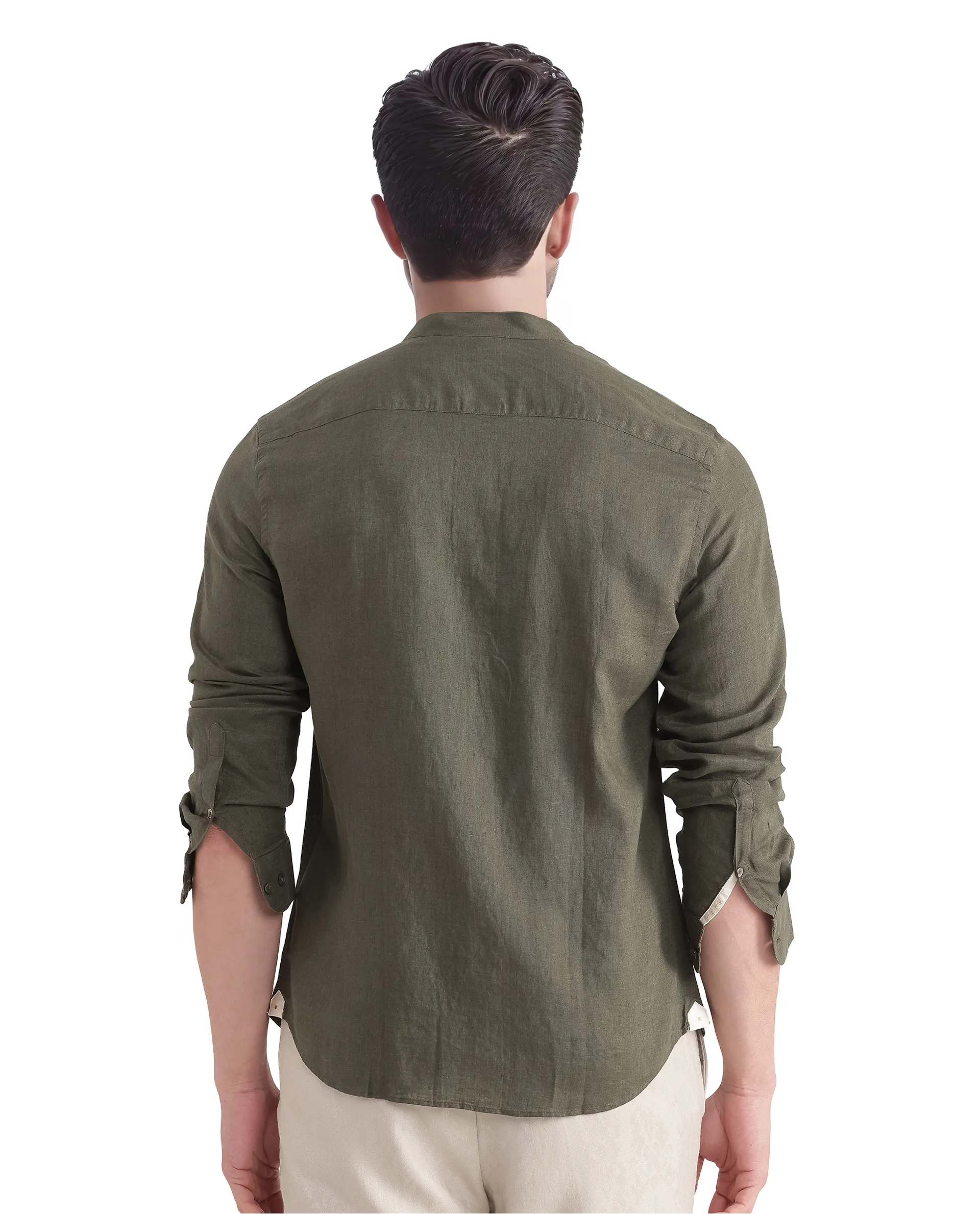 Rare Rabbit Men's Cinex Ls-25 Olive Linen Blend Plain Regular Fit Full Sleeve Mandarin Collar Shirt - Image 6