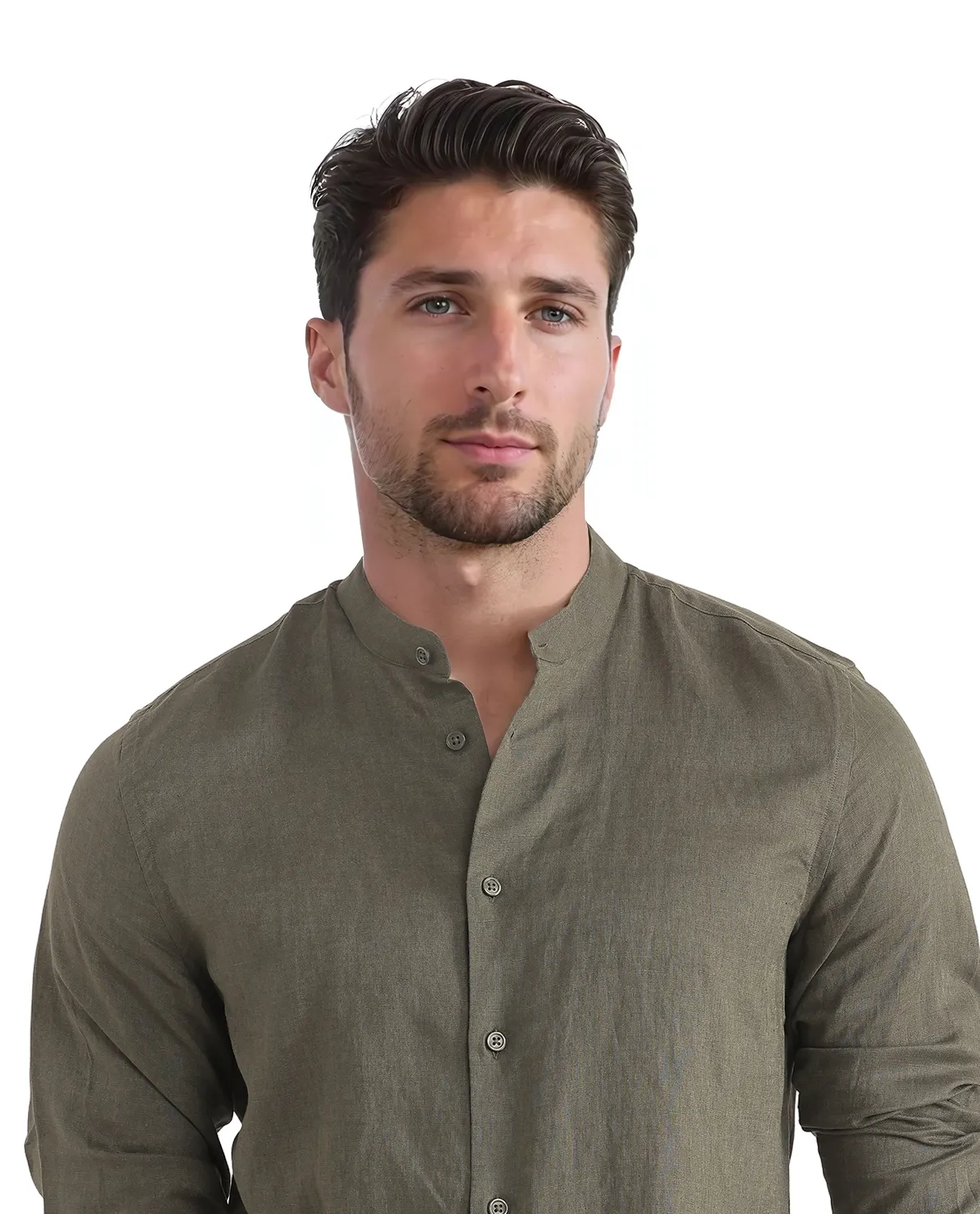 Rare Rabbit Men's Cinex Ls-25 Olive Linen Blend Plain Regular Fit Full Sleeve Mandarin Collar Shirt - Image 7