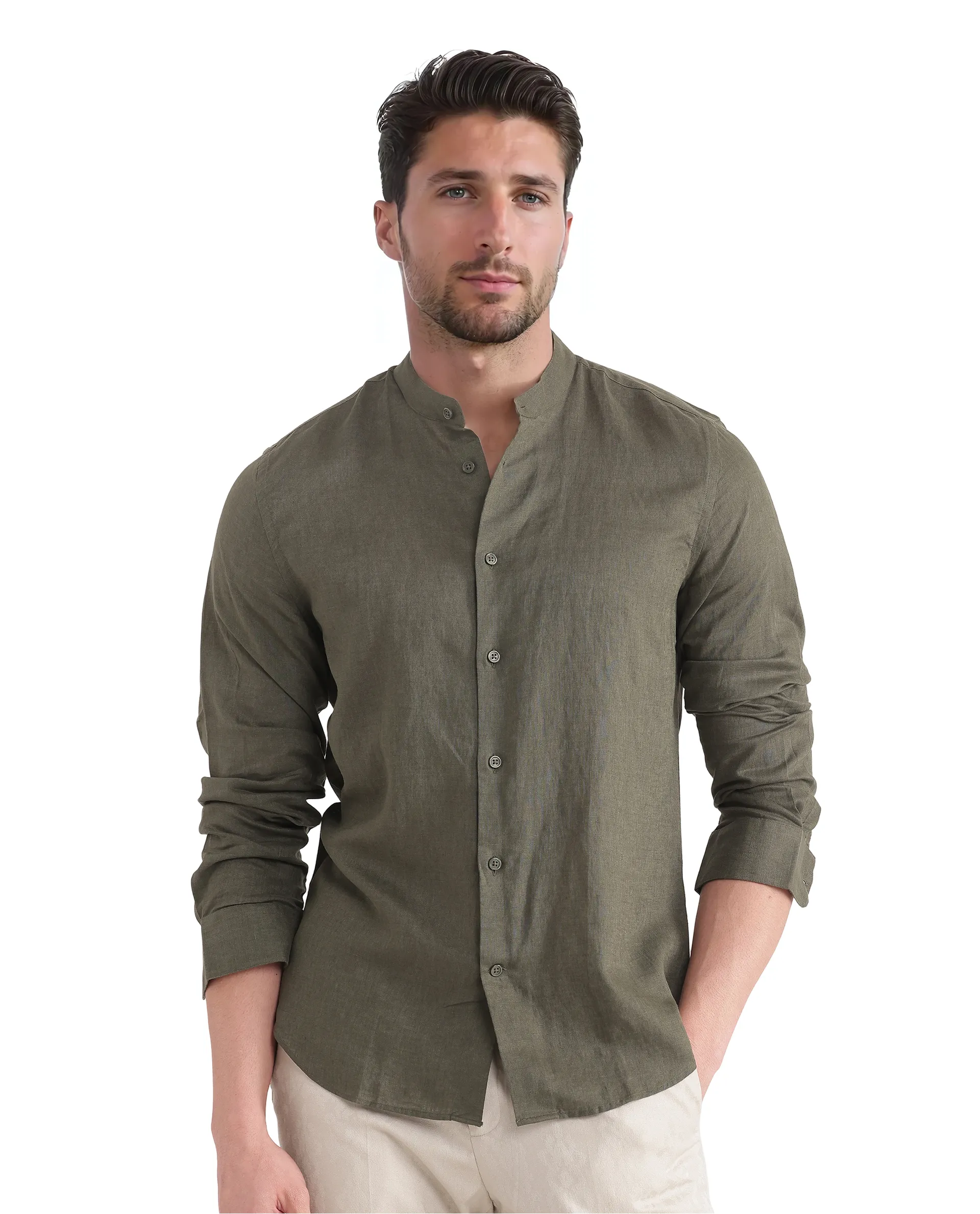 Rare Rabbit Men's Cinex Ls-25 Olive Linen Blend Plain Regular Fit Full Sleeve Mandarin Collar Shirt - Image 8