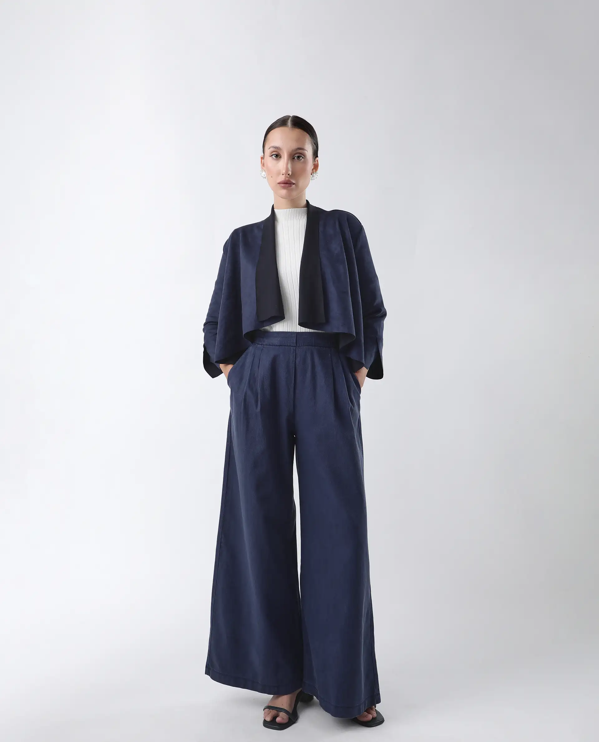 Rareism Women's Cinnamon Navy Polyester Cowl Neck Plain Relaxed Fit Jacket - Image 2
