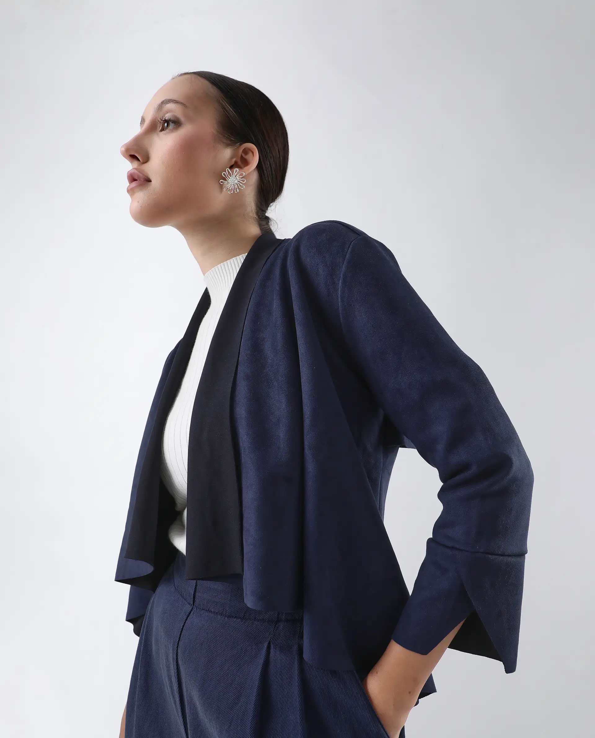 Rareism Women's Cinnamon Navy Polyester Cowl Neck Plain Relaxed Fit Jacket - Image 3