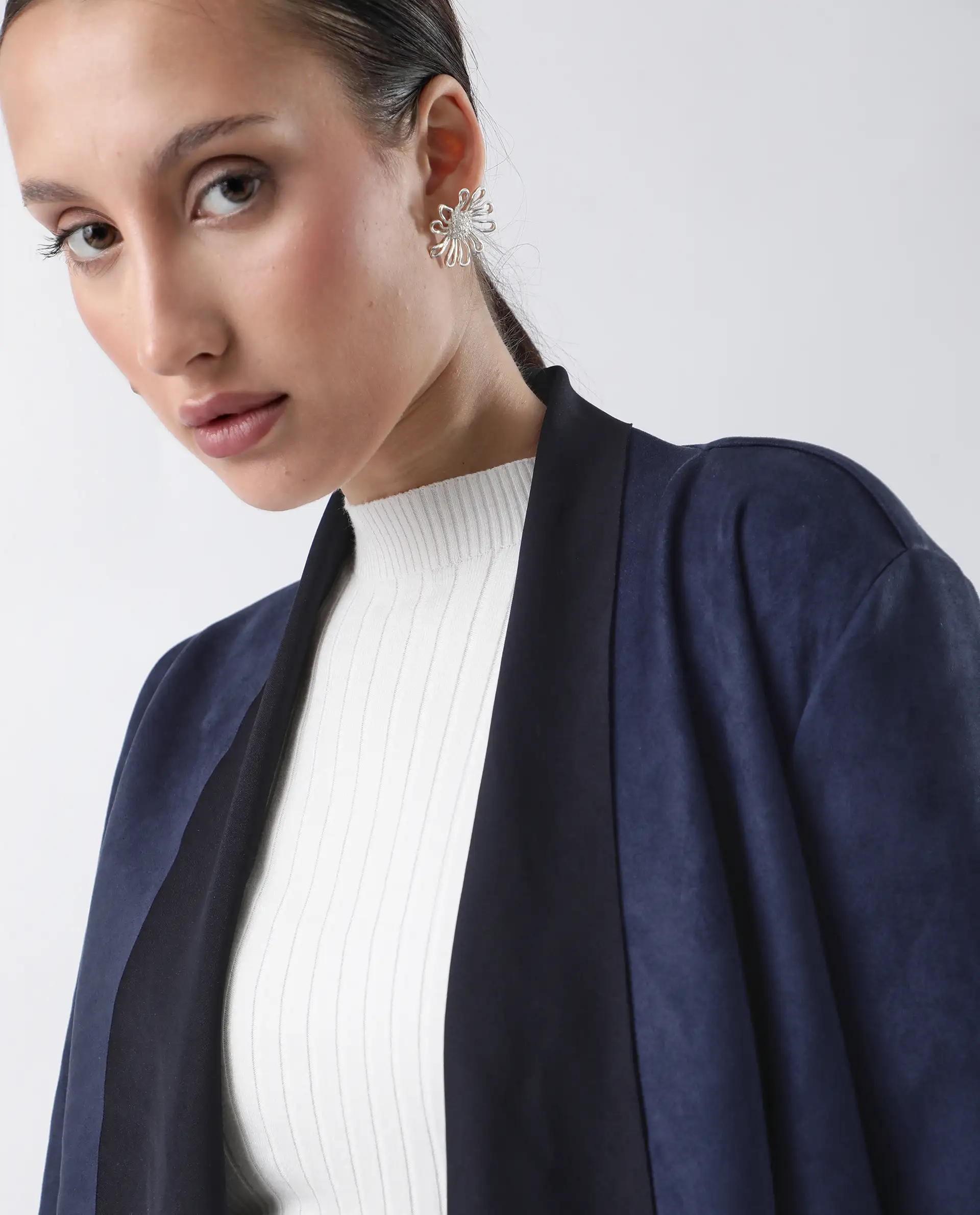 Rareism Women's Cinnamon Navy Polyester Cowl Neck Plain Relaxed Fit Jacket - Image 4