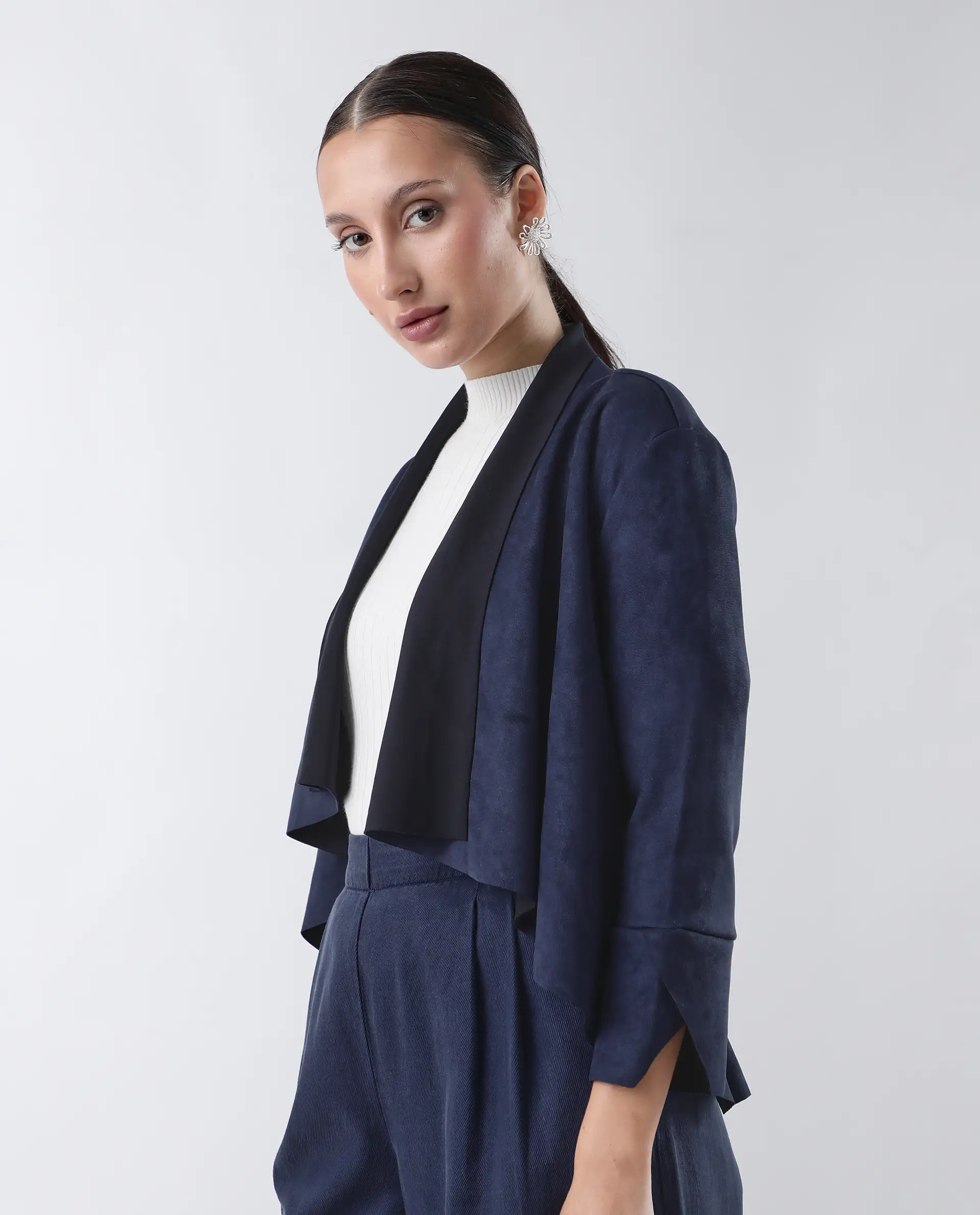 Rareism Women's Cinnamon Navy Polyester Cowl Neck Plain Relaxed Fit Jacket - Image 6