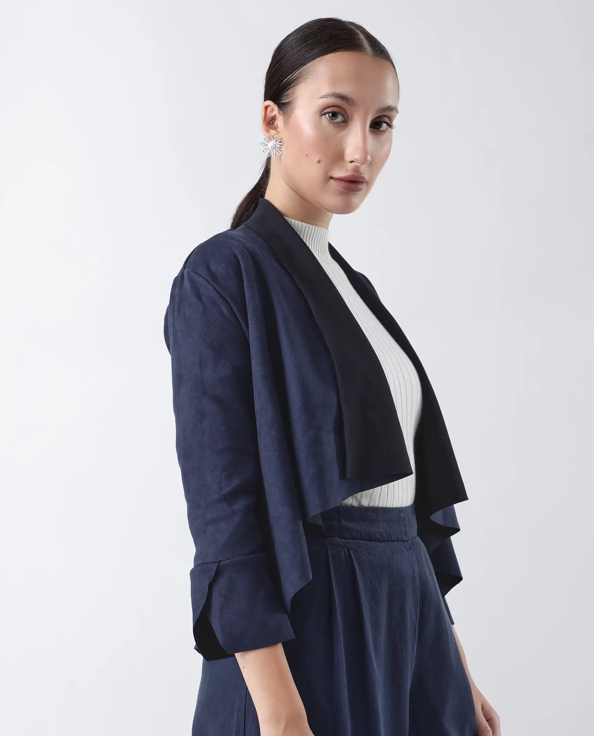 Rareism Women's Cinnamon Navy Polyester Cowl Neck Plain Relaxed Fit Jacket - Image 7