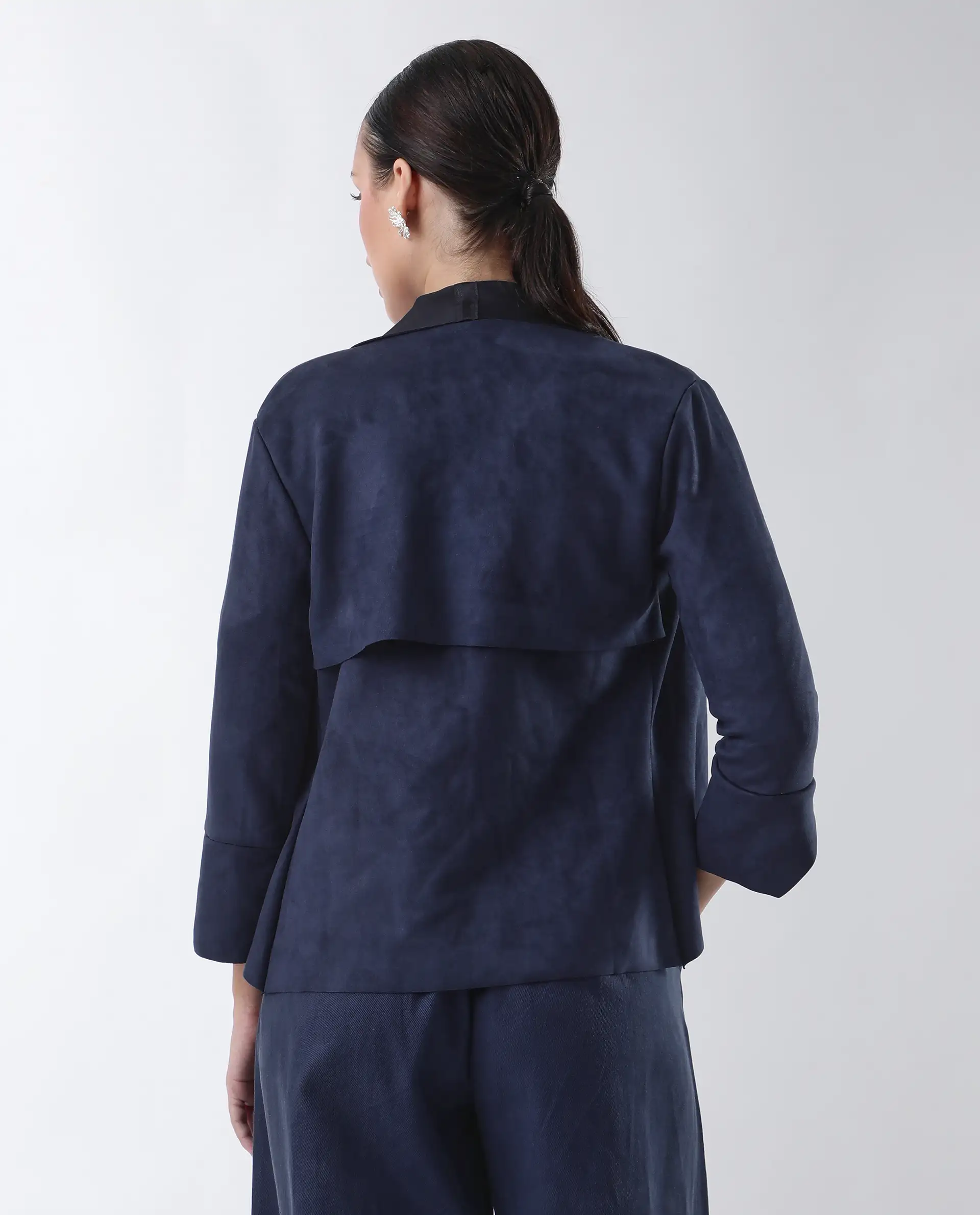 Rareism Women's Cinnamon Navy Polyester Cowl Neck Plain Relaxed Fit Jacket - Image 8