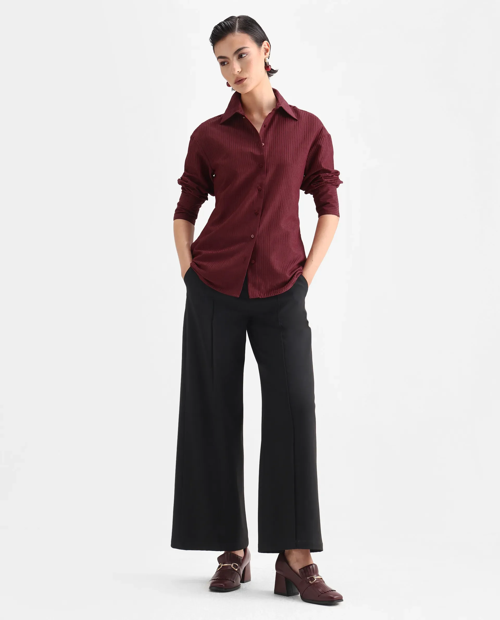 Rareism Women's Cinthia Brown Polyester Spread Collar Plain Cuffed Sleeve Regular Fit Shirt - Image 2