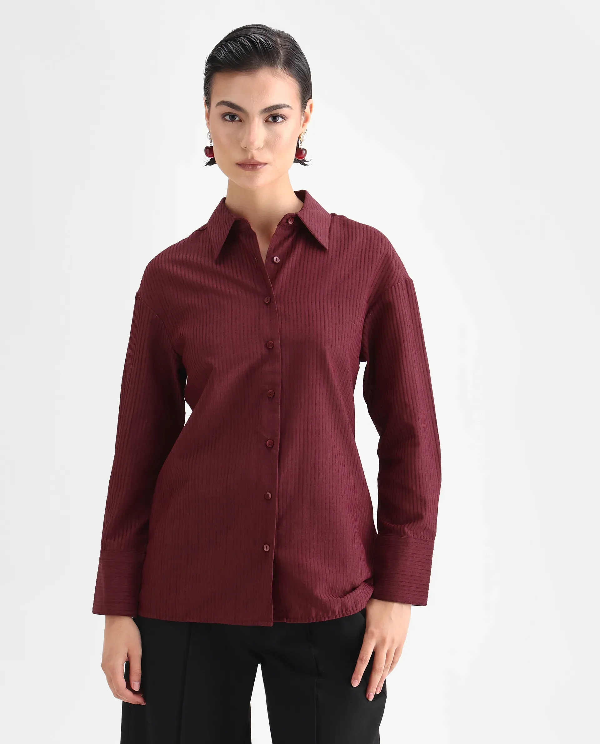 Rareism Women's Cinthia Brown Polyester Spread Collar Plain Cuffed Sleeve Regular Fit Shirt - Image 3
