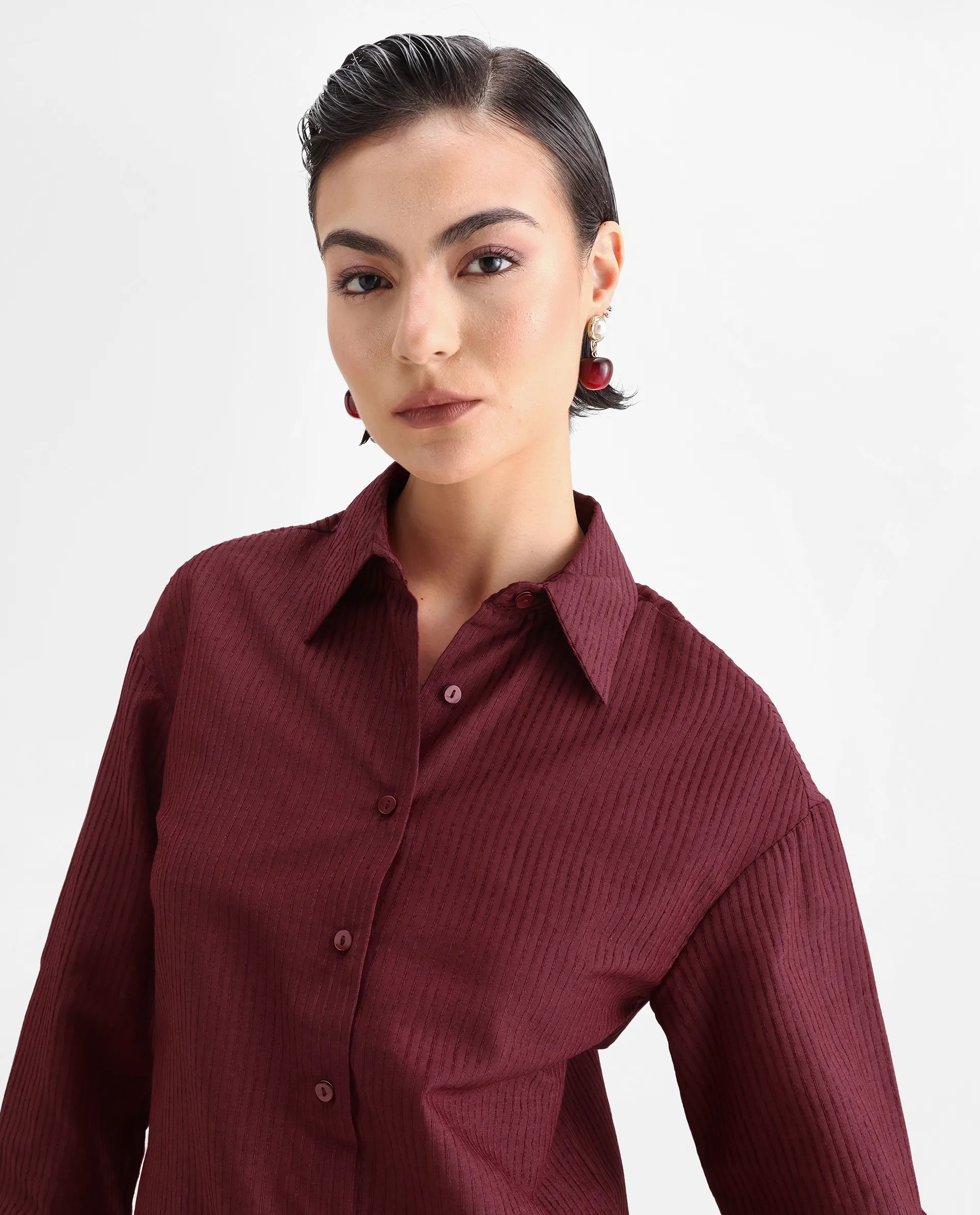 Rareism Women's Cinthia Brown Polyester Spread Collar Plain Cuffed Sleeve Regular Fit Shirt - Image 4