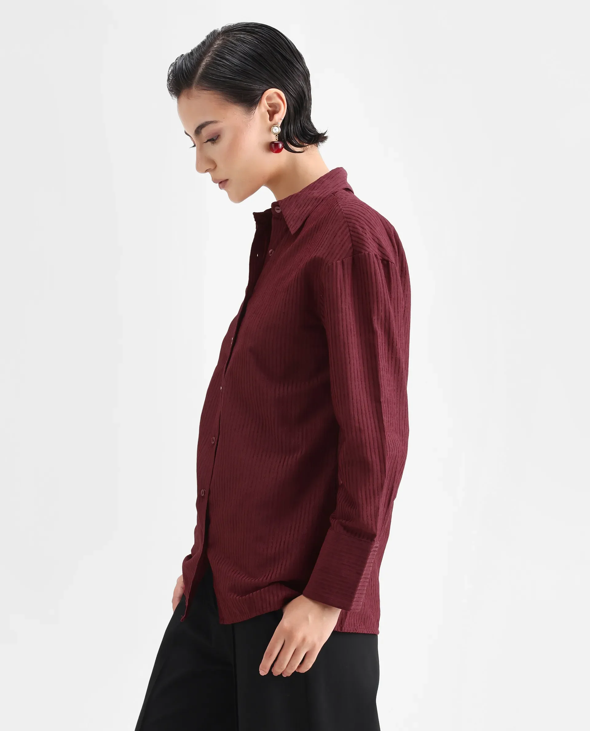Rareism Women's Cinthia Brown Polyester Spread Collar Plain Cuffed Sleeve Regular Fit Shirt - Image 5