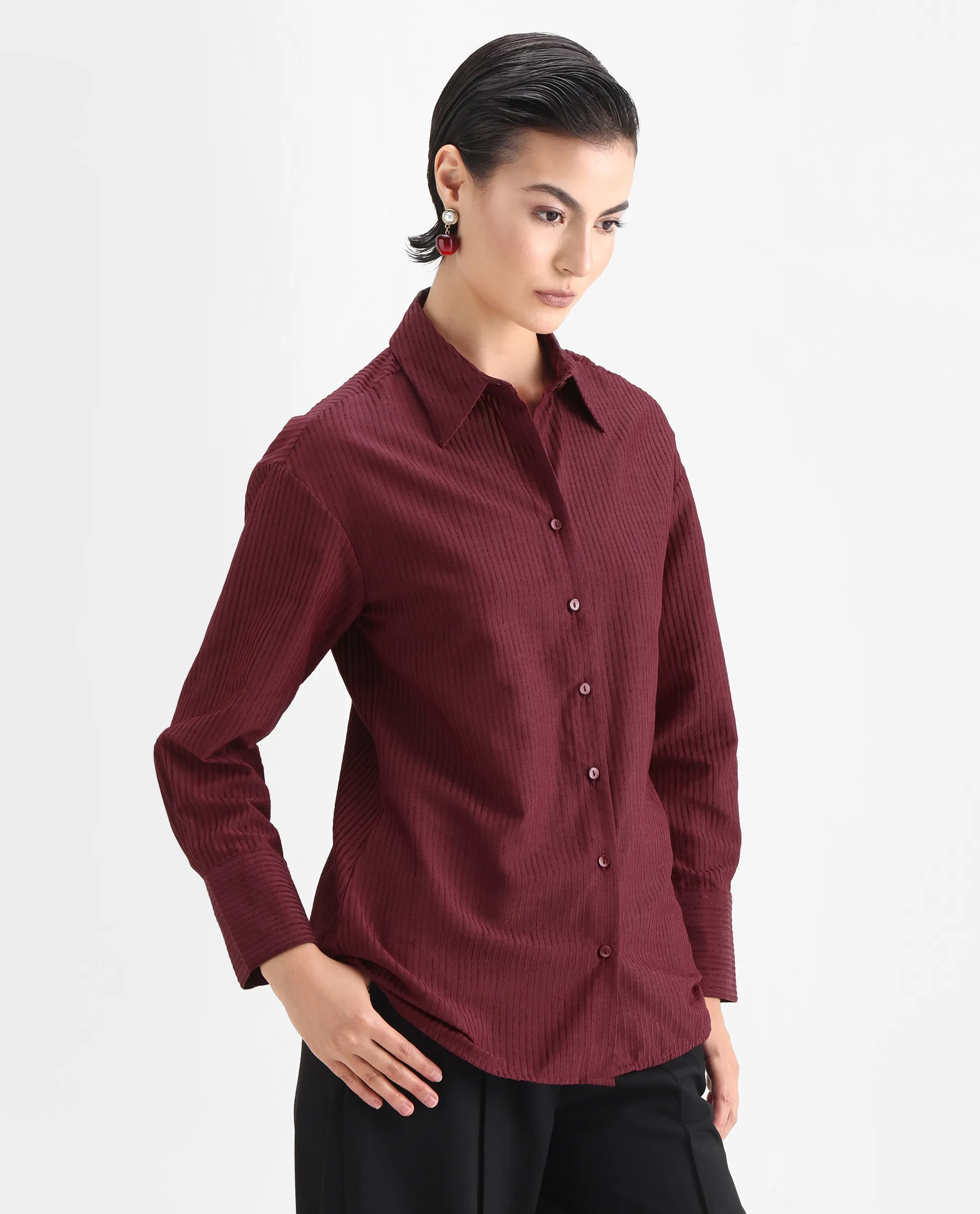 Rareism Women's Cinthia Brown Polyester Spread Collar Plain Cuffed Sleeve Regular Fit Shirt - Image 6
