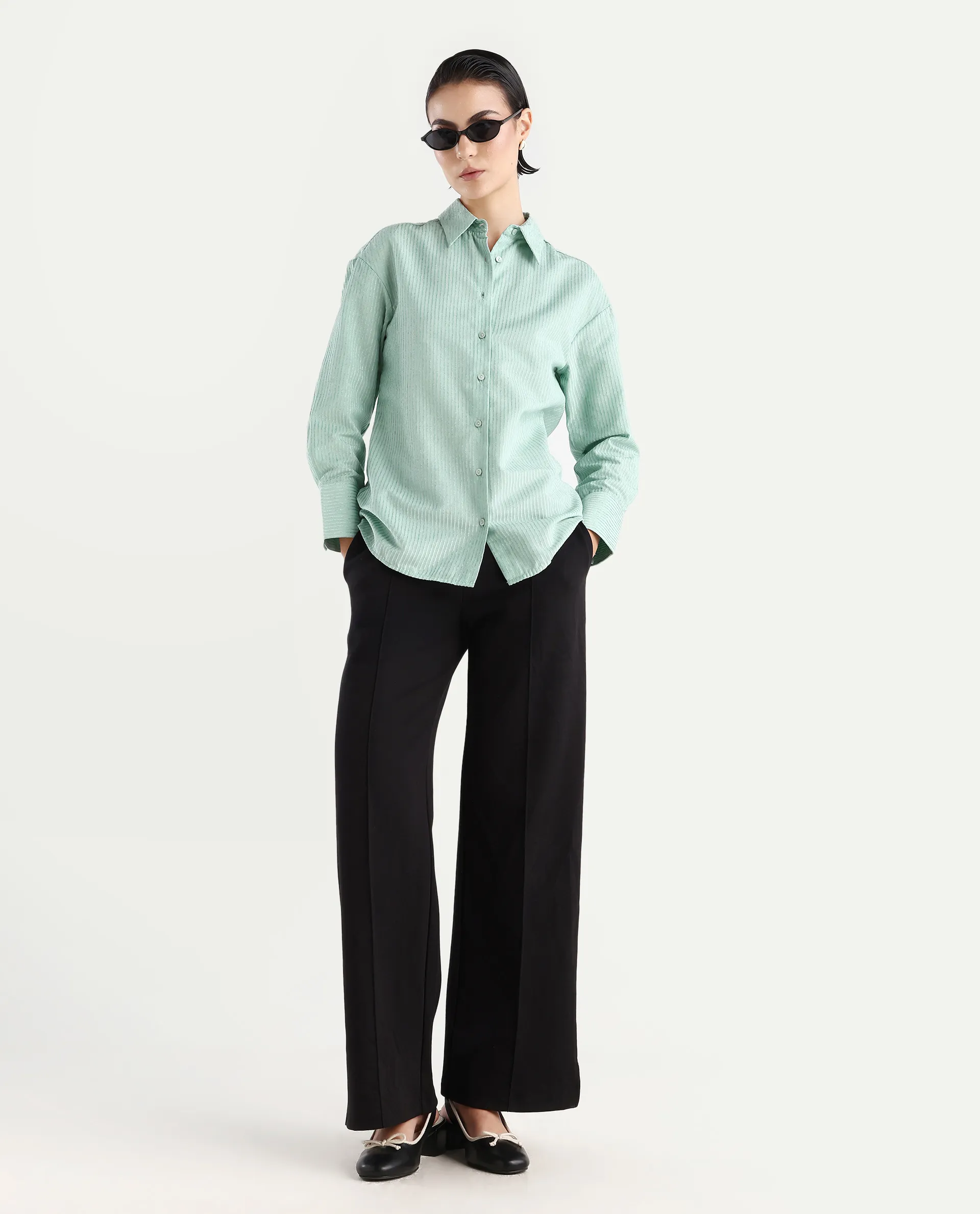 Rareism Women's Cinthia Green Polyester Spread Collar Plain Cuffed Sleeve Regular Fit Shirt - Image 2