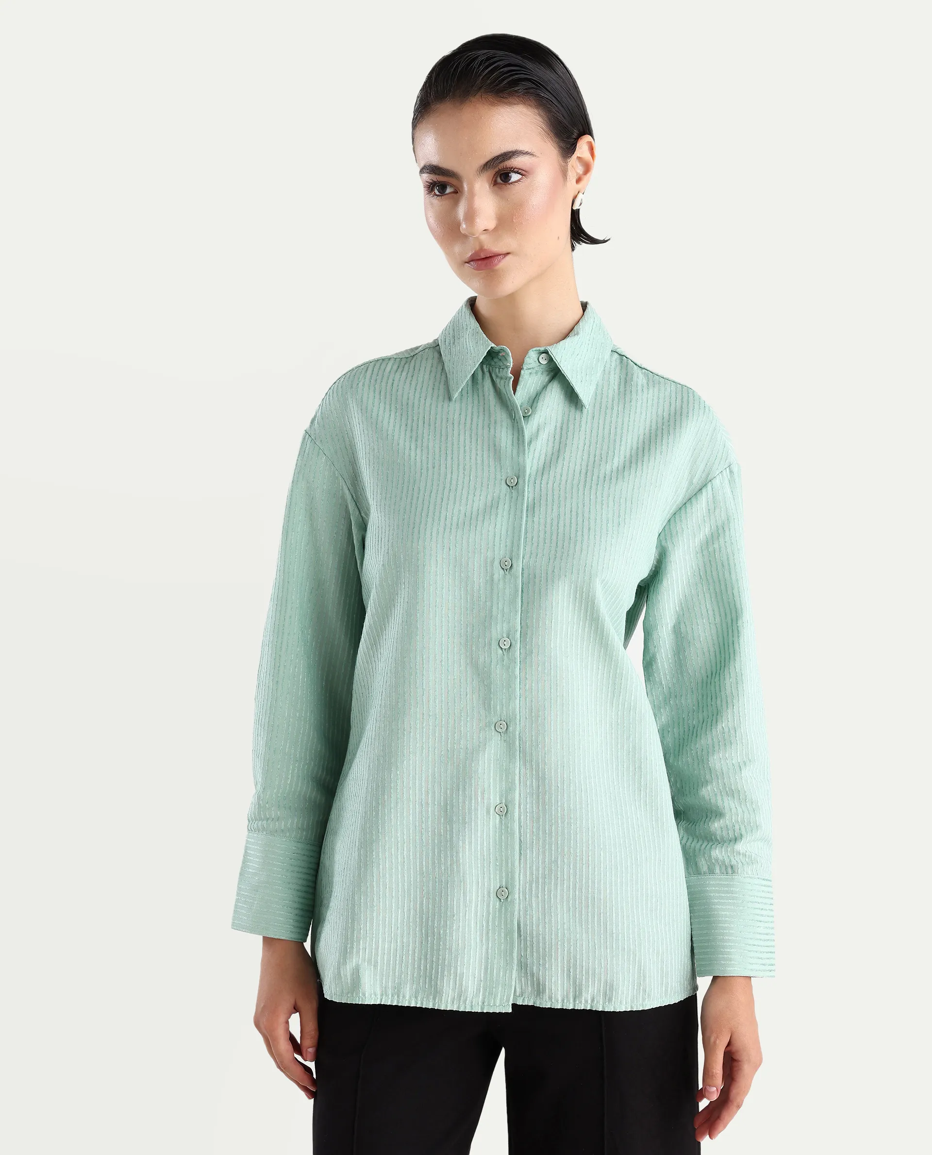 Rareism Women's Cinthia Green Polyester Spread Collar Plain Cuffed Sleeve Regular Fit Shirt - Image 3
