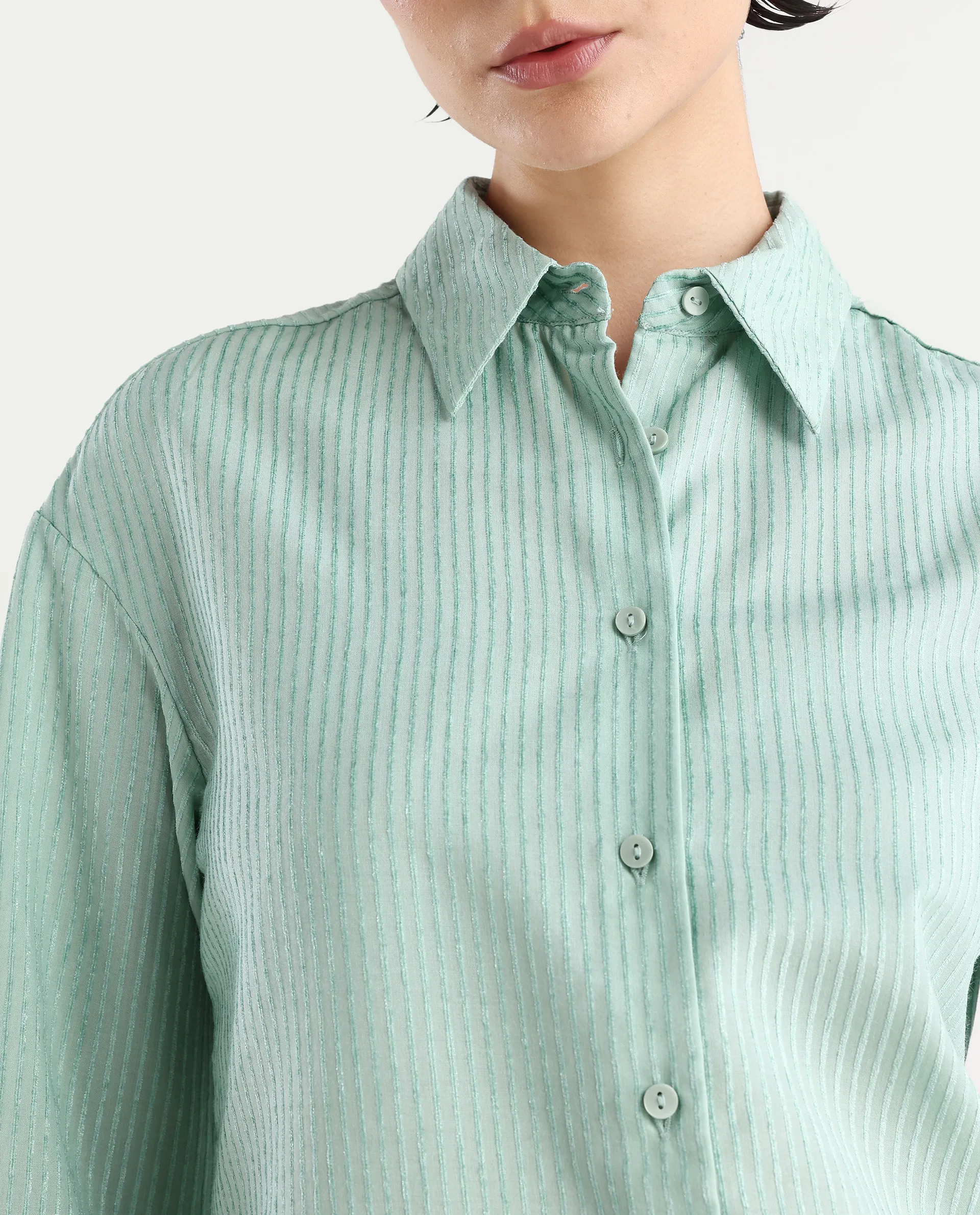 Rareism Women's Cinthia Green Polyester Spread Collar Plain Cuffed Sleeve Regular Fit Shirt - Image 4