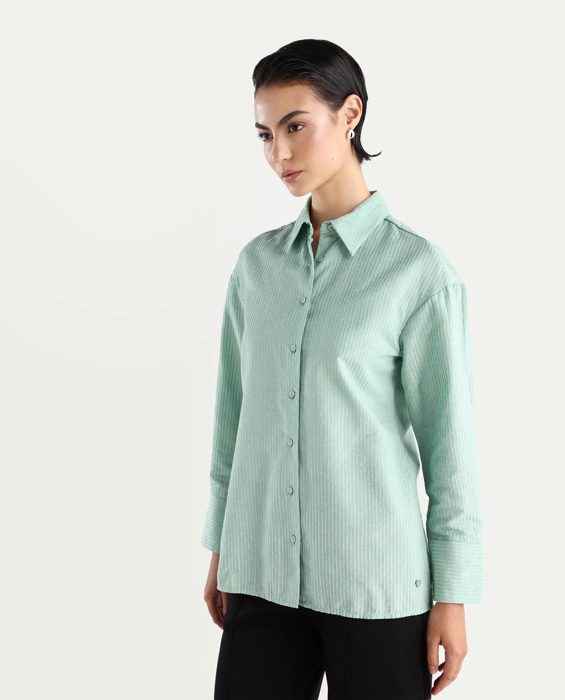 Rareism Women's Cinthia Green Polyester Spread Collar Plain Cuffed Sleeve Regular Fit Shirt - Image 5