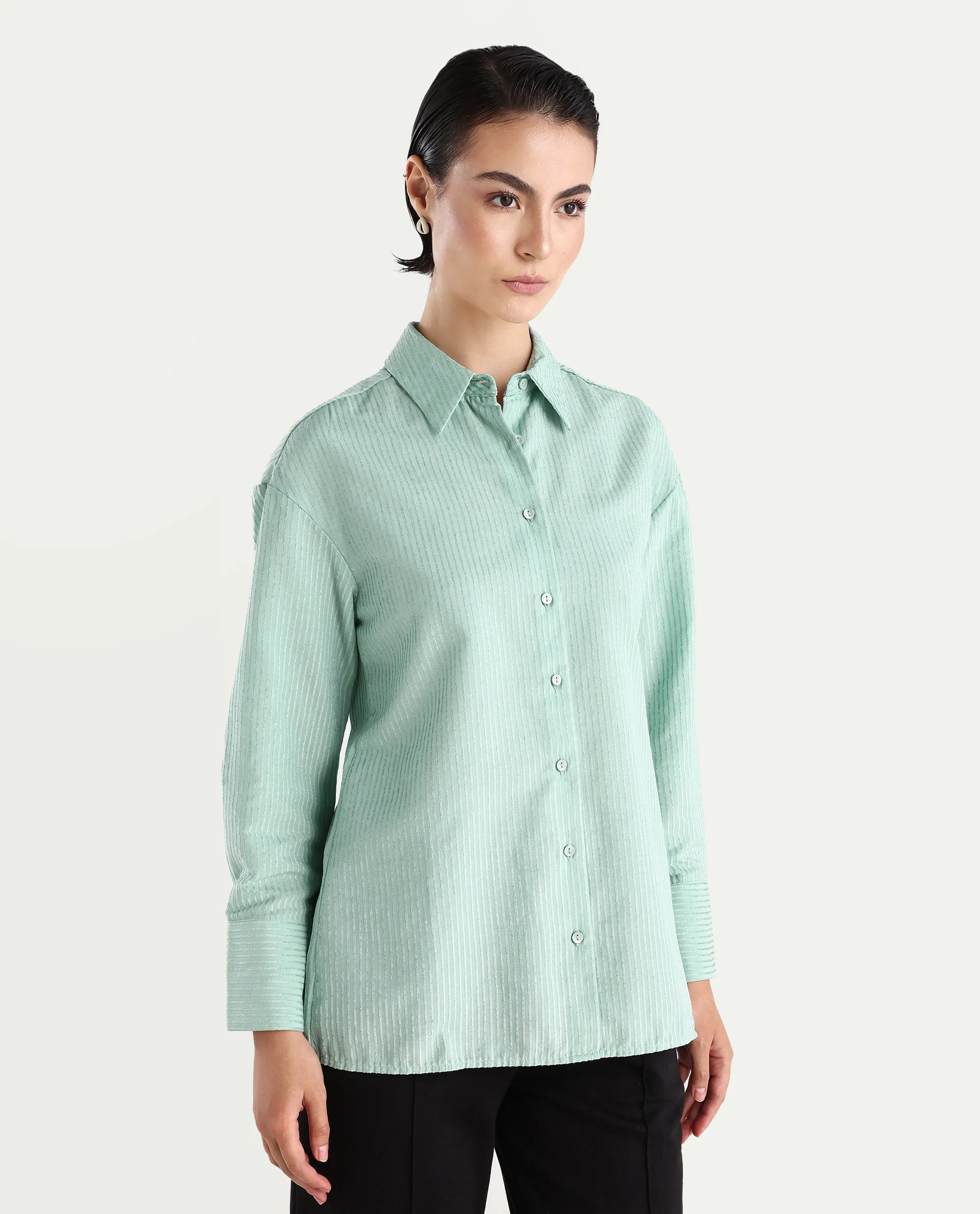 Rareism Women's Cinthia Green Polyester Spread Collar Plain Cuffed Sleeve Regular Fit Shirt - Image 6