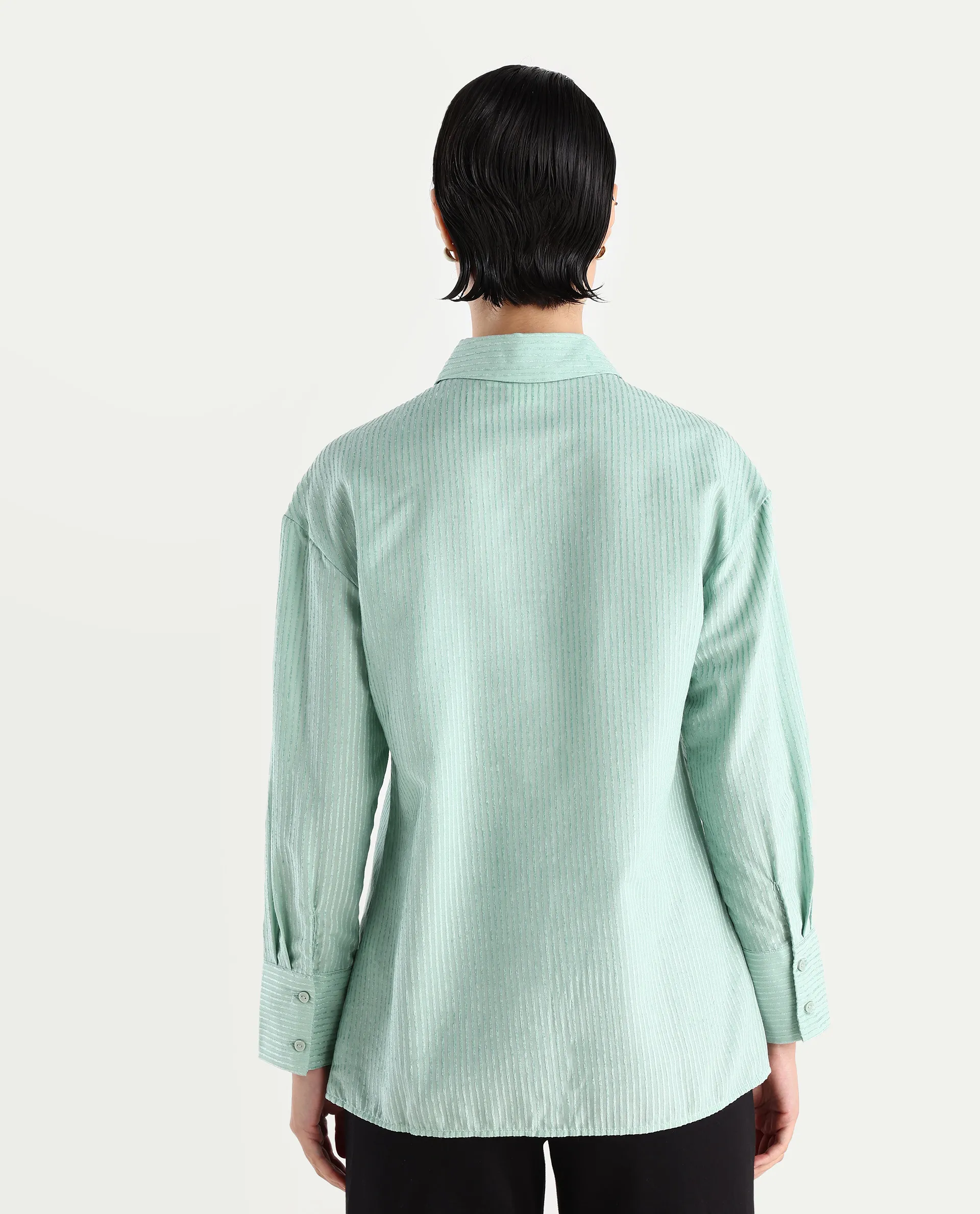 Rareism Women's Cinthia Green Polyester Spread Collar Plain Cuffed Sleeve Regular Fit Shirt - Image 7