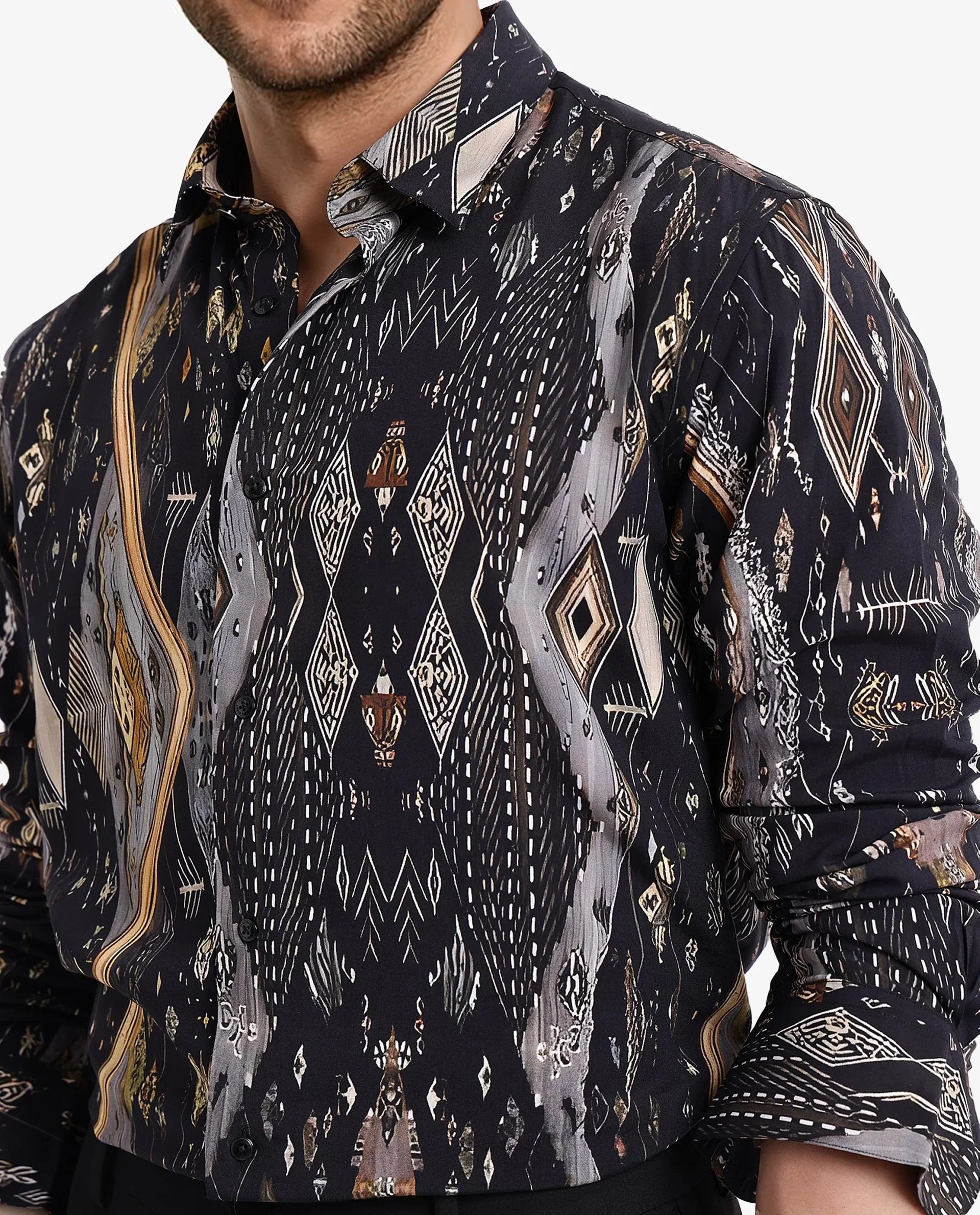 Rare Rabbit Men's Ciphor Black Decorative Print Regular Fit Full Sleeve Collared Shirt - Image 4
