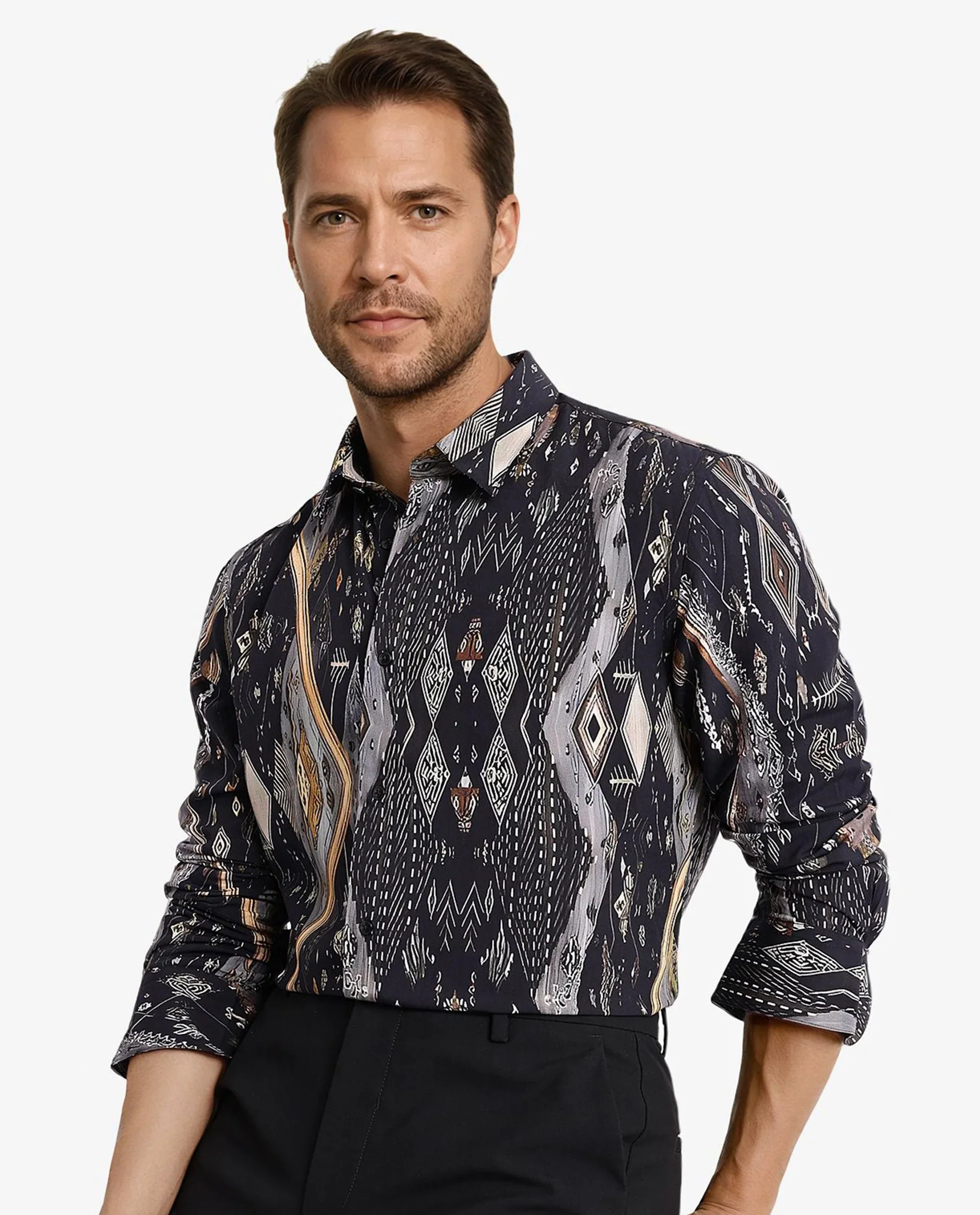 Rare Rabbit Men's Ciphor Black Decorative Print Regular Fit Full Sleeve Collared Shirt - Image 6