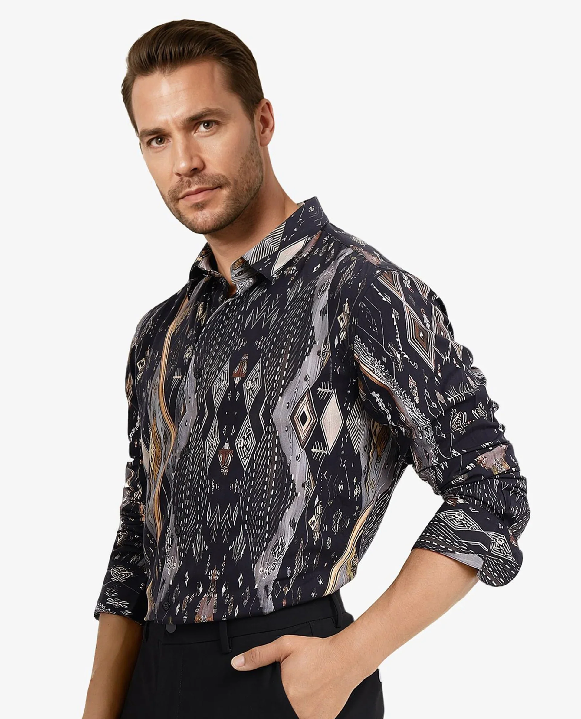 Rare Rabbit Men's Ciphor Black Decorative Print Regular Fit Full Sleeve Collared Shirt - Image 9