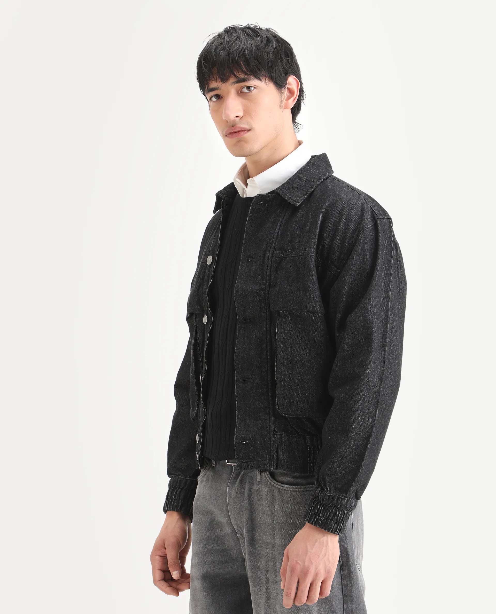 Rare Rabbit Men's Circe Black Cotton Plain Oversized Fit Full Sleeve Spread Collar Jacket - Image 6