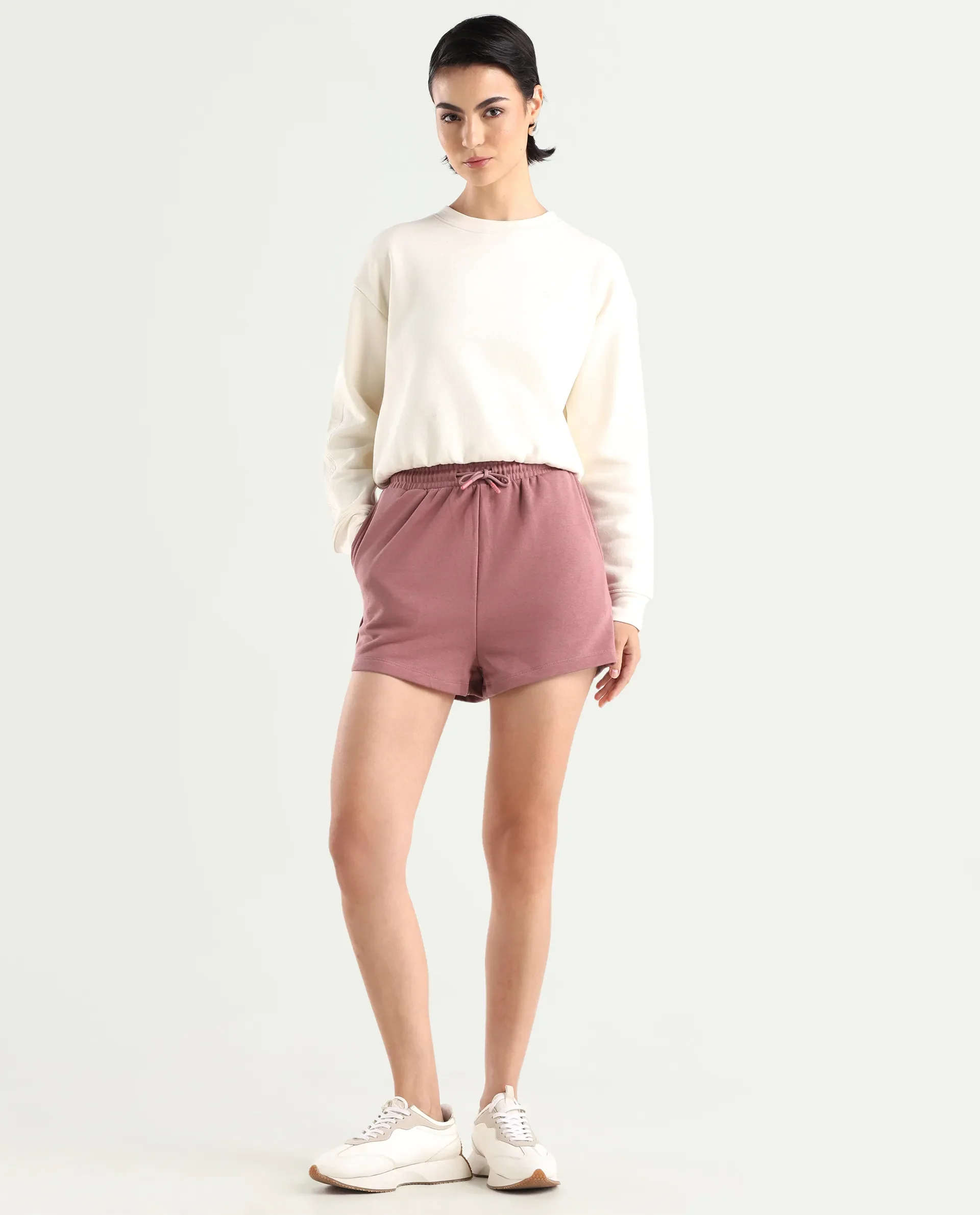 Rareism Women's Medium Weight Terry 290 Gsm Cotton Blend Plain Mini Relaxed Fit Shorts