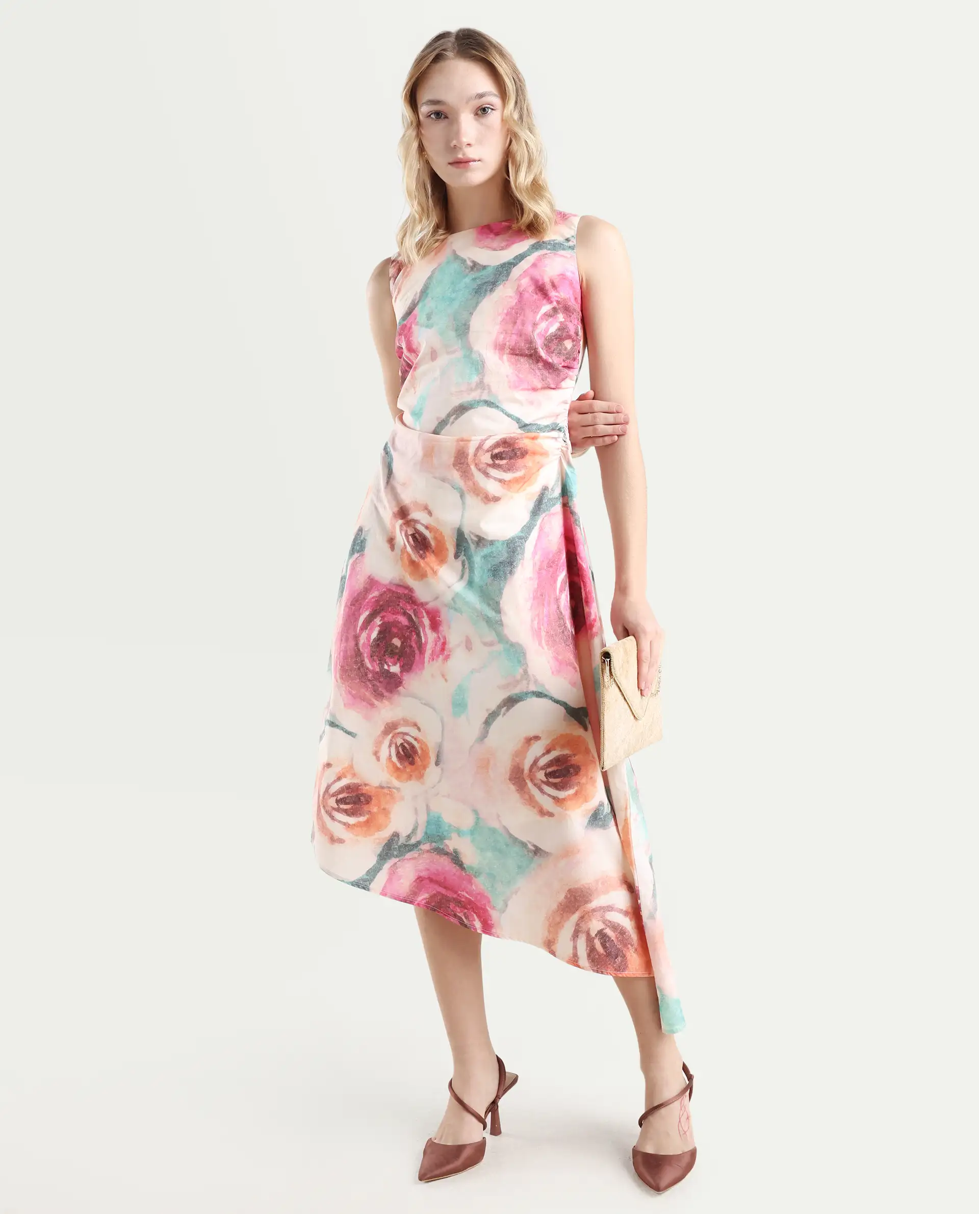 Rareism Women's Cirina Multi Boat Neck A-Line Printed Midi Dress
