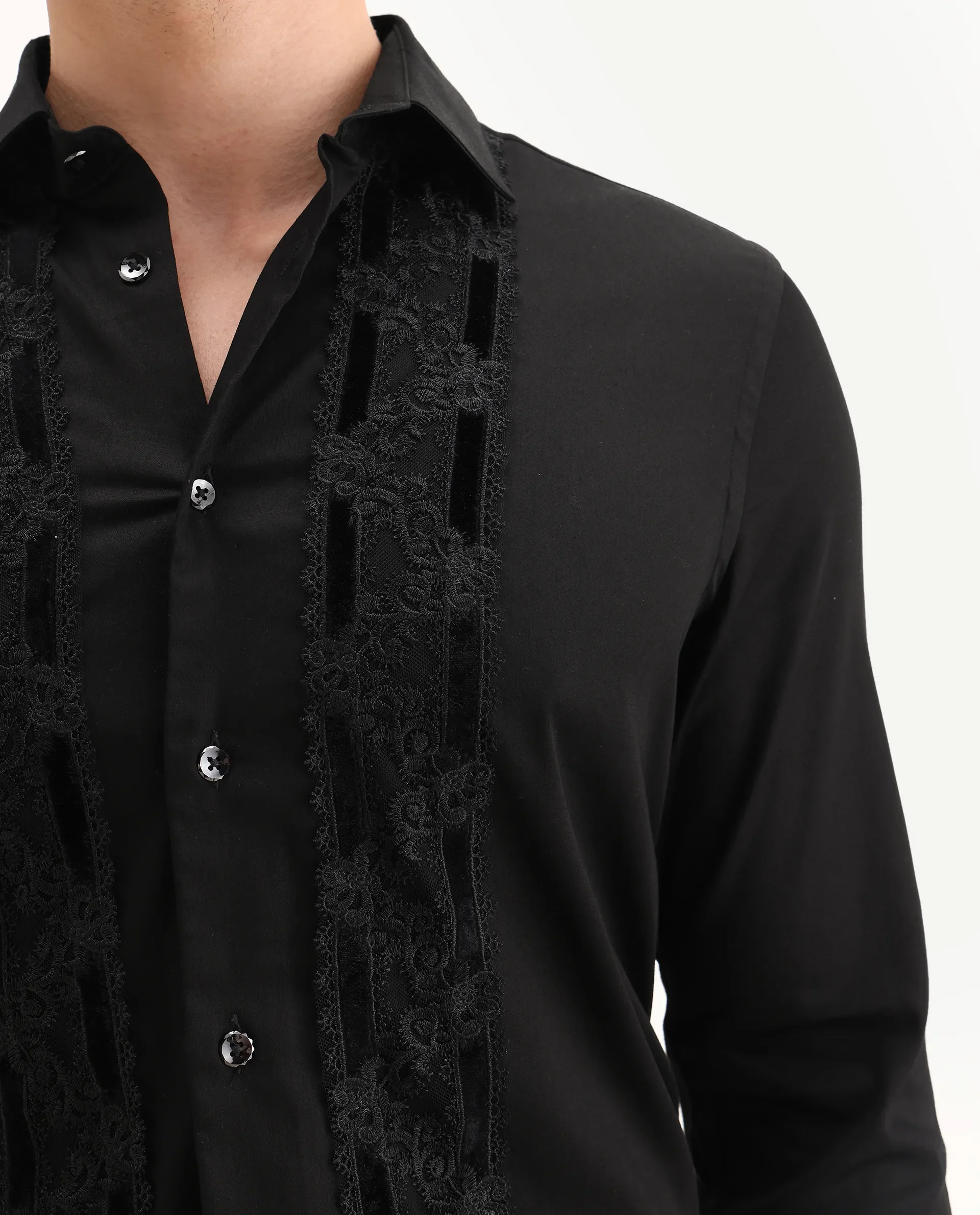 Rare Rabbit Men's Ciro Black Cotton Embroidered Regular Fit Full Sleeve Collared Shirt - Image 3