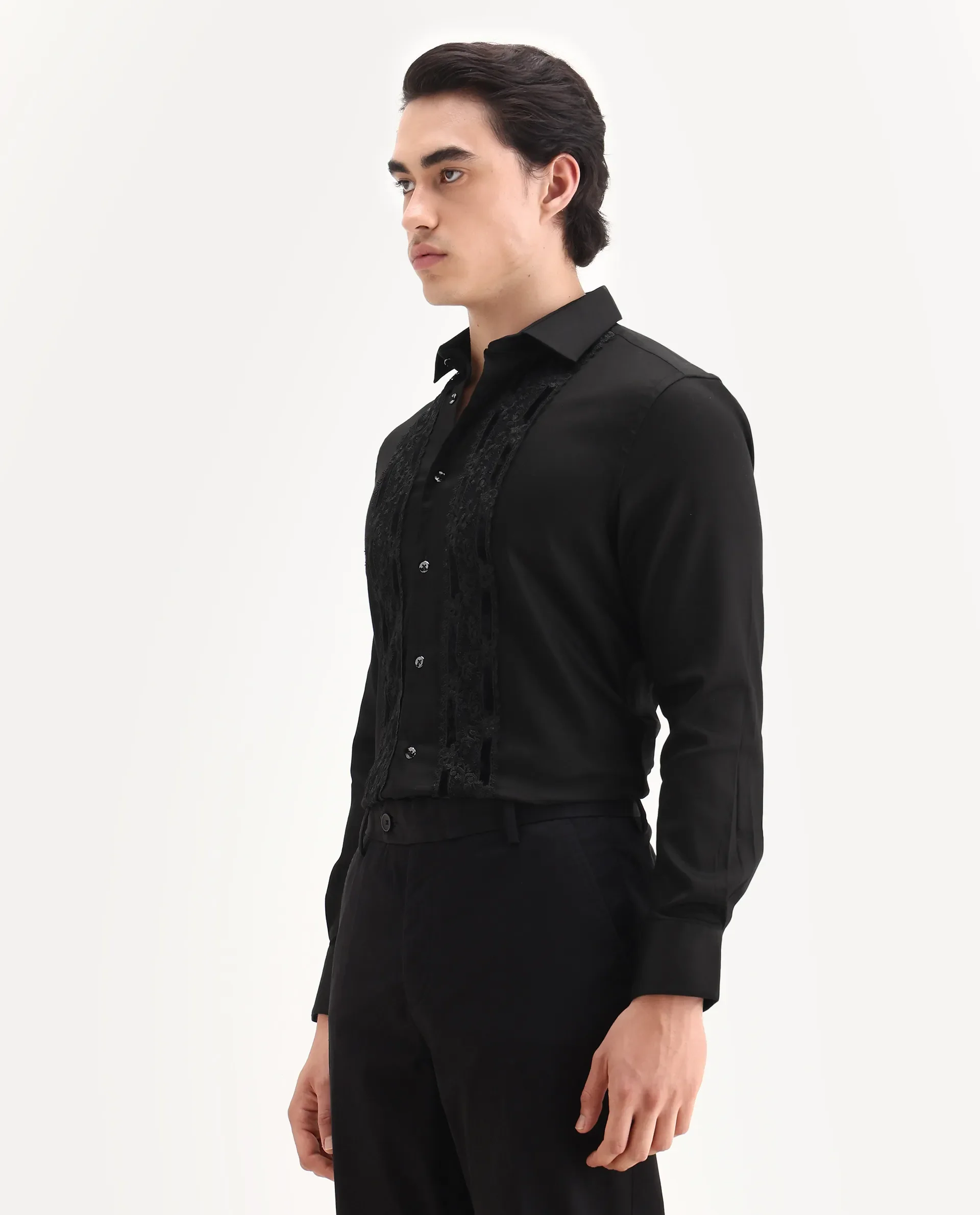 Rare Rabbit Men's Ciro Black Cotton Embroidered Regular Fit Full Sleeve Collared Shirt - Image 4
