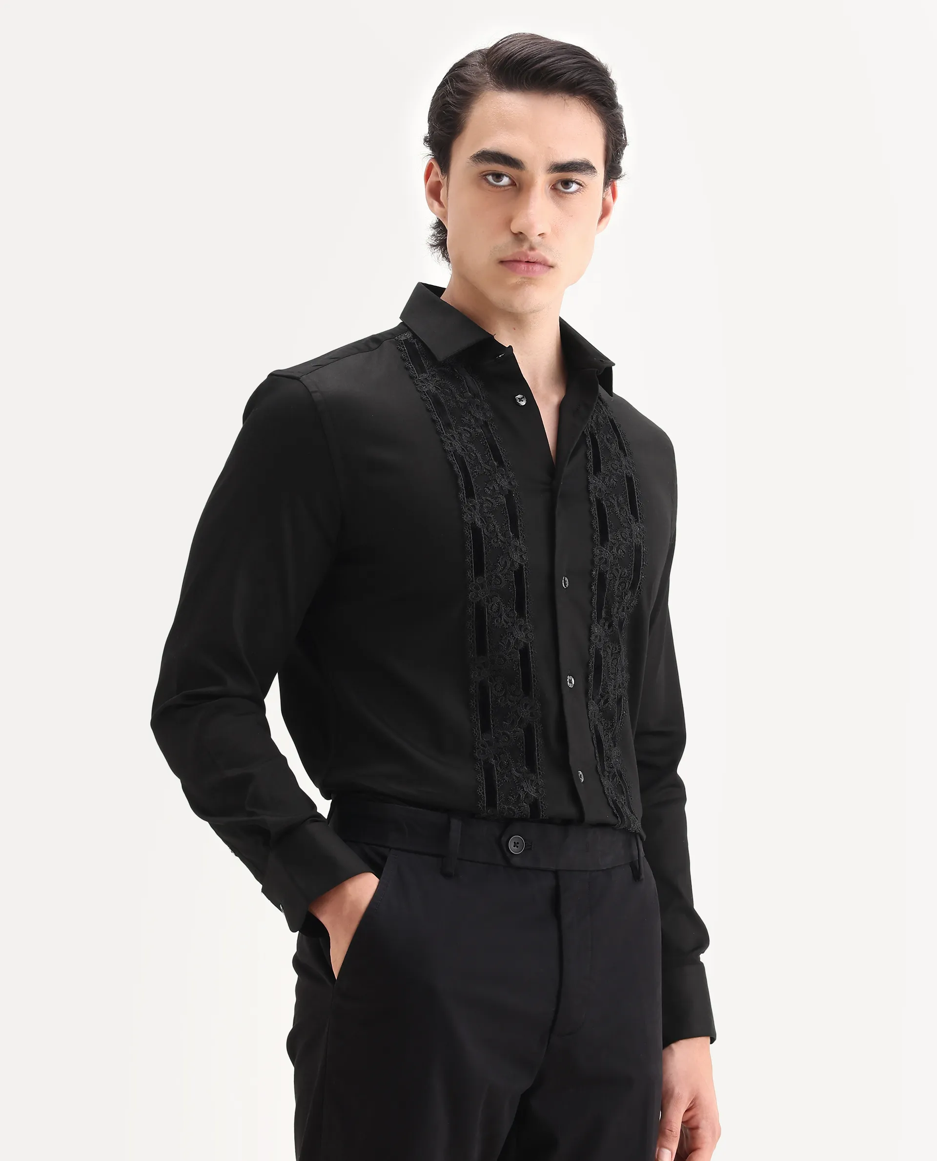 Rare Rabbit Men's Ciro Black Cotton Embroidered Regular Fit Full Sleeve Collared Shirt - Image 5