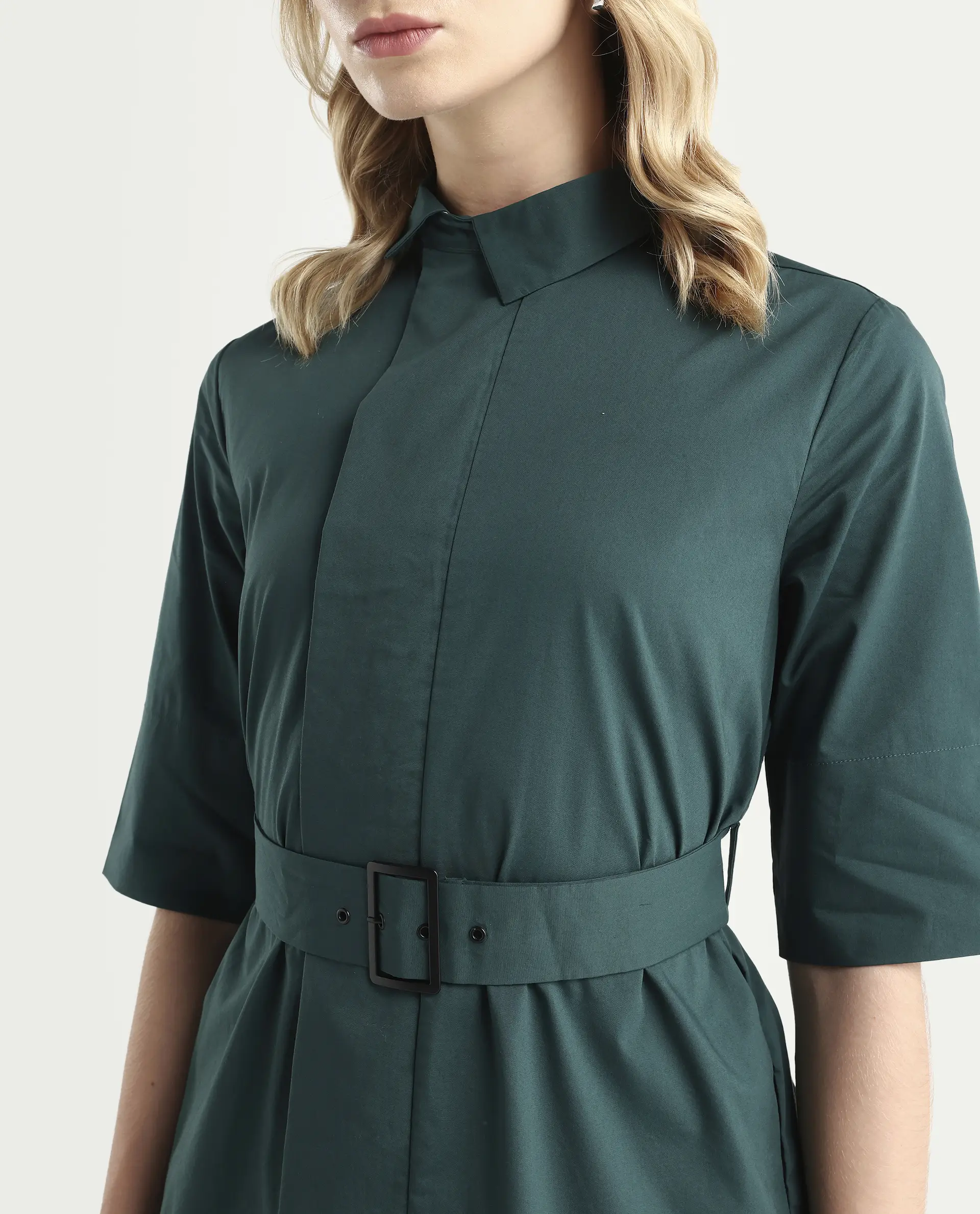 Rareism Women's Cisco-Green Cotton Blend Spread Collar Plain Knee Length Regular Fit Top