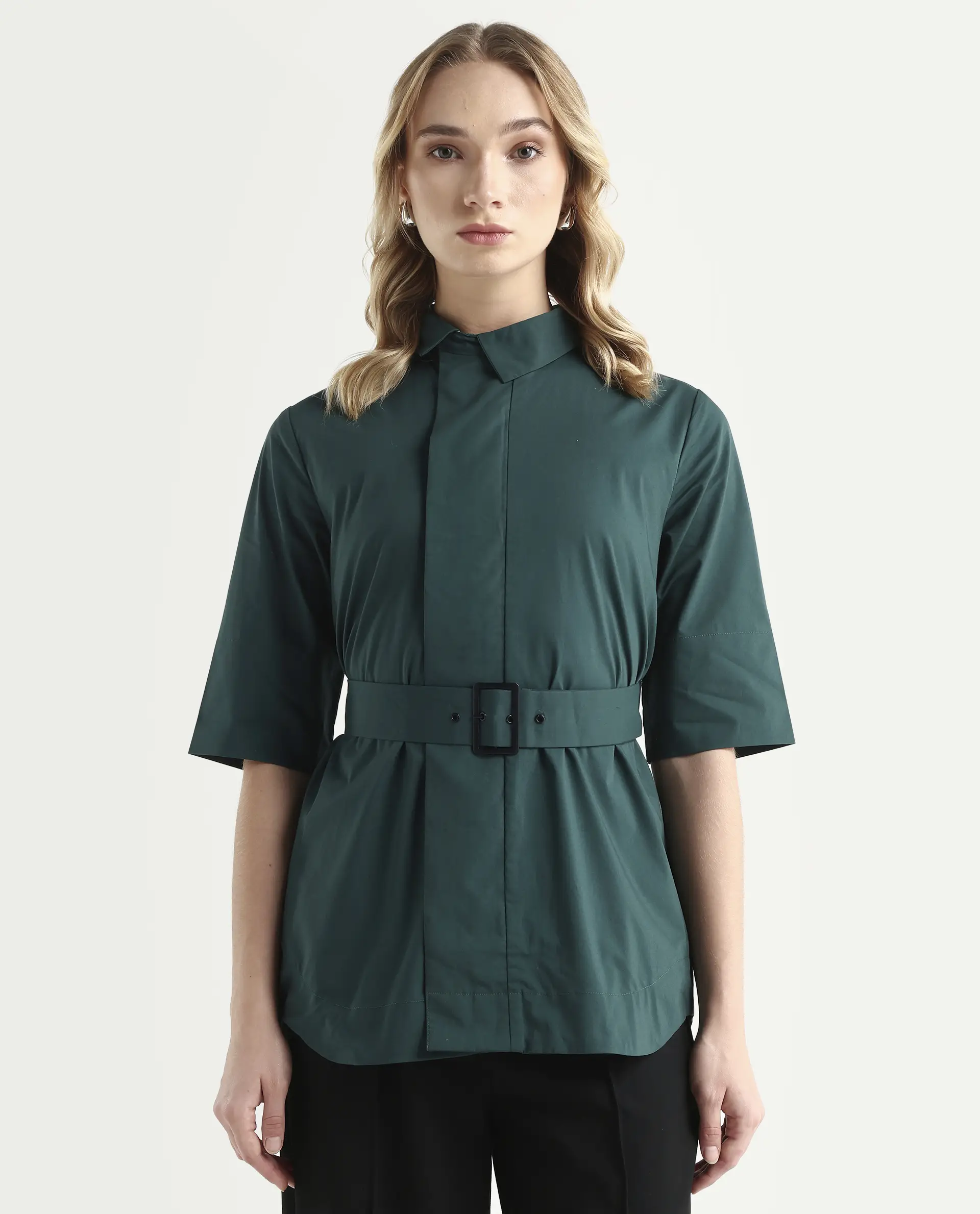 Rareism Women's Cisco-Green Cotton Blend Spread Collar Plain Knee Length Regular Fit Top - Image 3