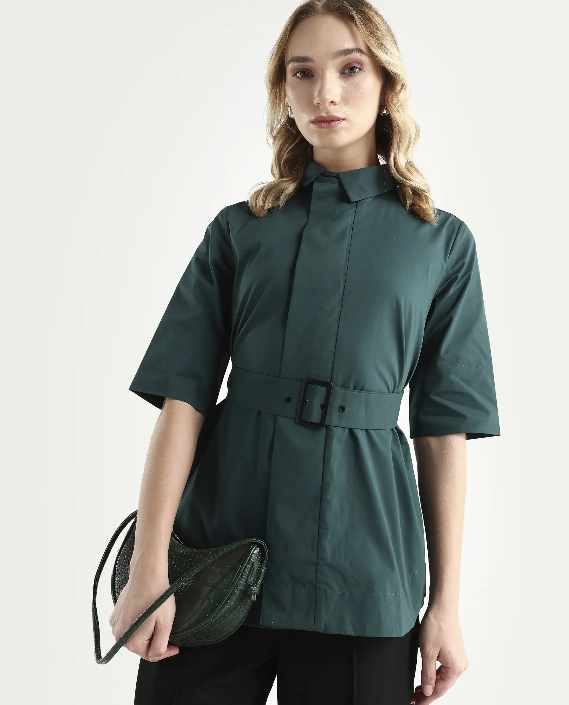 Rareism Women's Cisco-Green Cotton Blend Spread Collar Plain Knee Length Regular Fit Top - Image 4