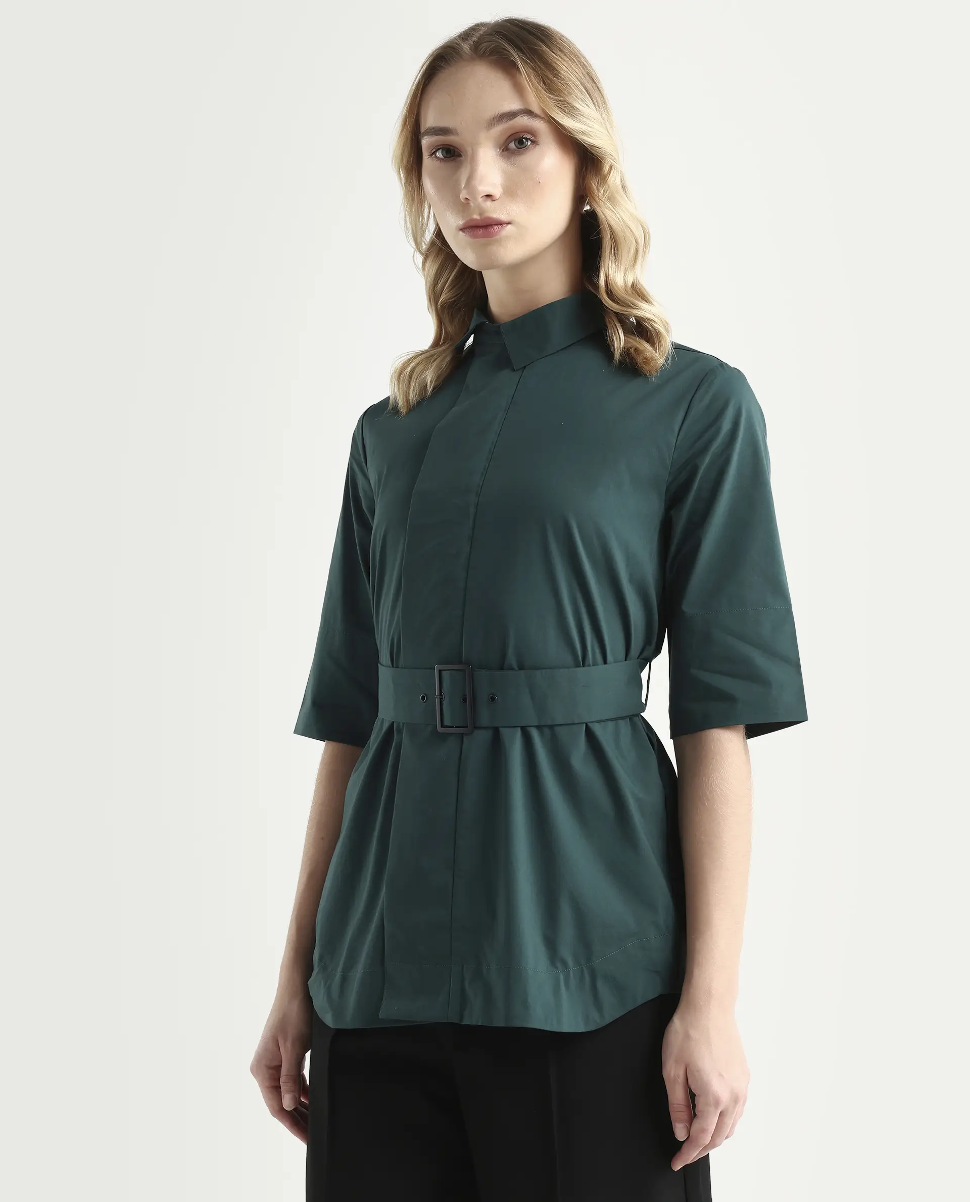 Rareism Women's Cisco-Green Cotton Blend Spread Collar Plain Knee Length Regular Fit Top - Image 5