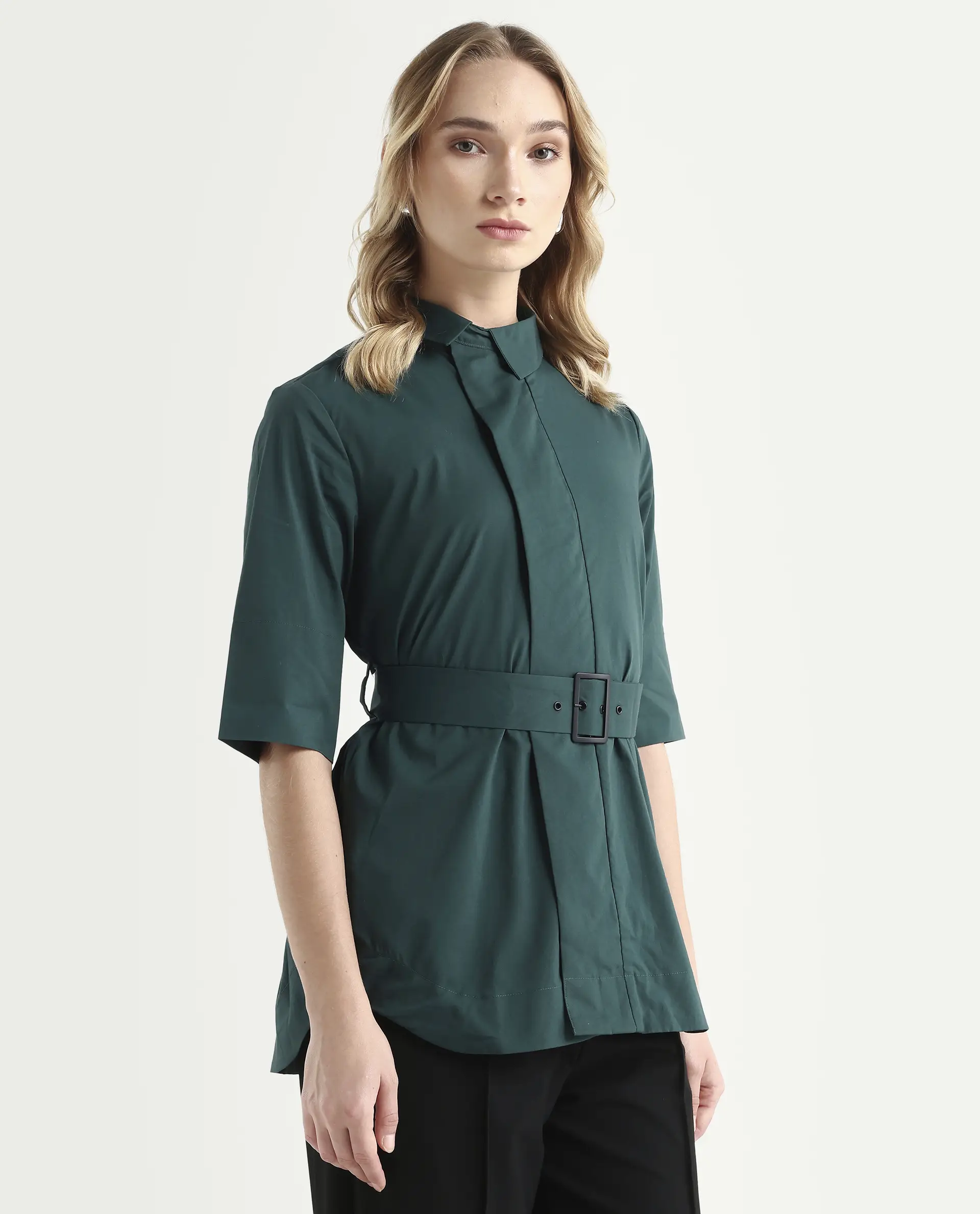 Rareism Women's Cisco-Green Cotton Blend Spread Collar Plain Knee Length Regular Fit Top - Image 6