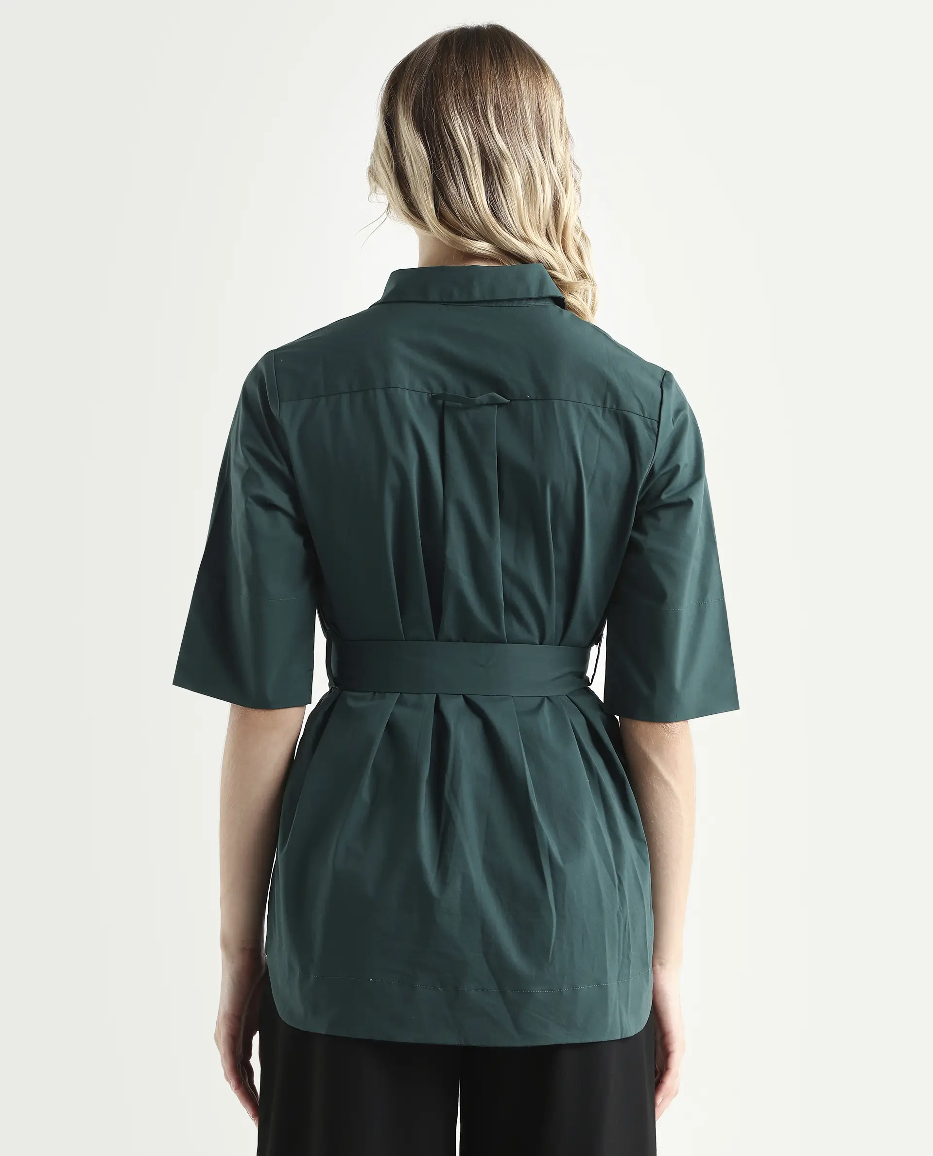Rareism Women's Cisco-Green Cotton Blend Spread Collar Plain Knee Length Regular Fit Top - Image 7
