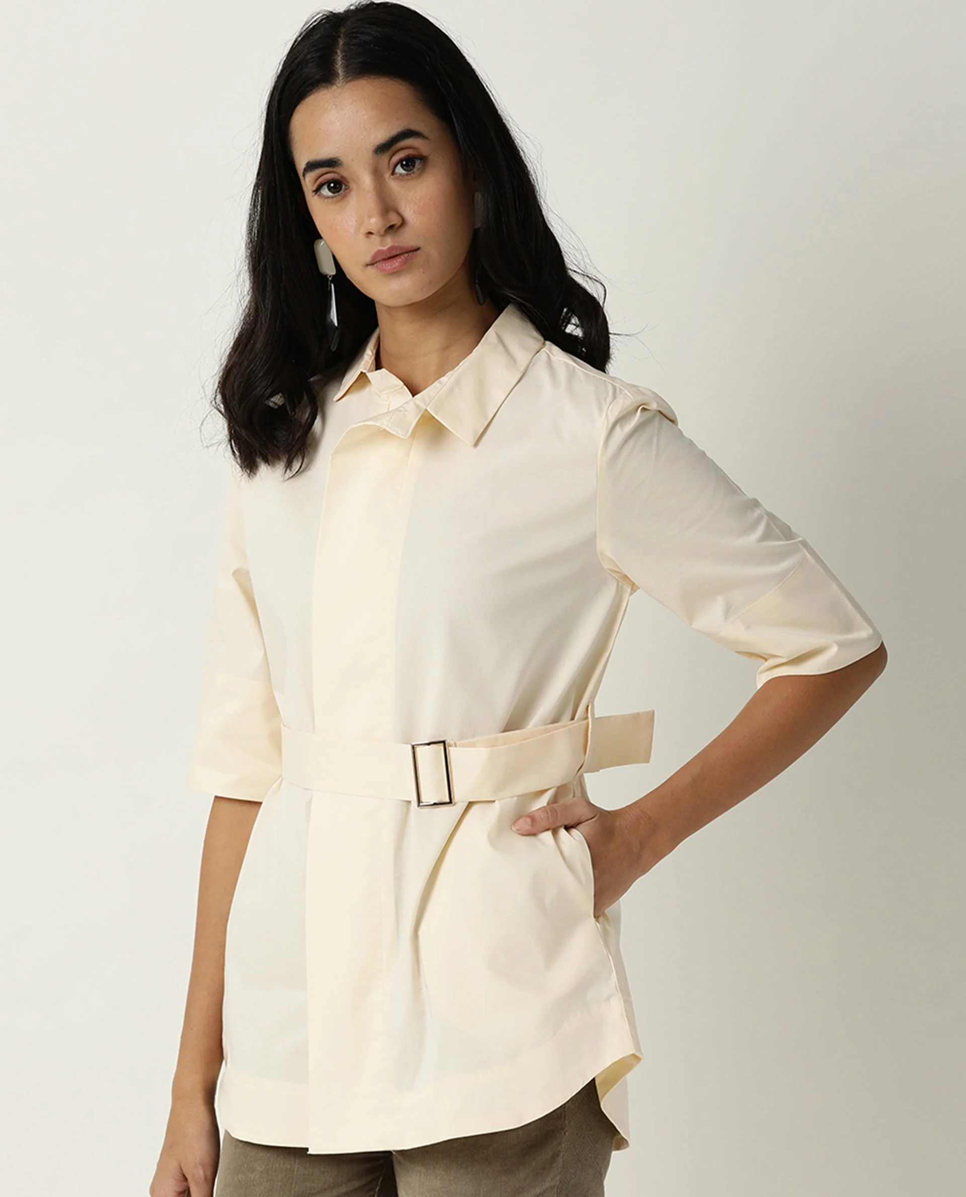 Rareism Women's Cisco Beige Cotton Blend Spread Collar Plain Knee Length Regular Fit Top