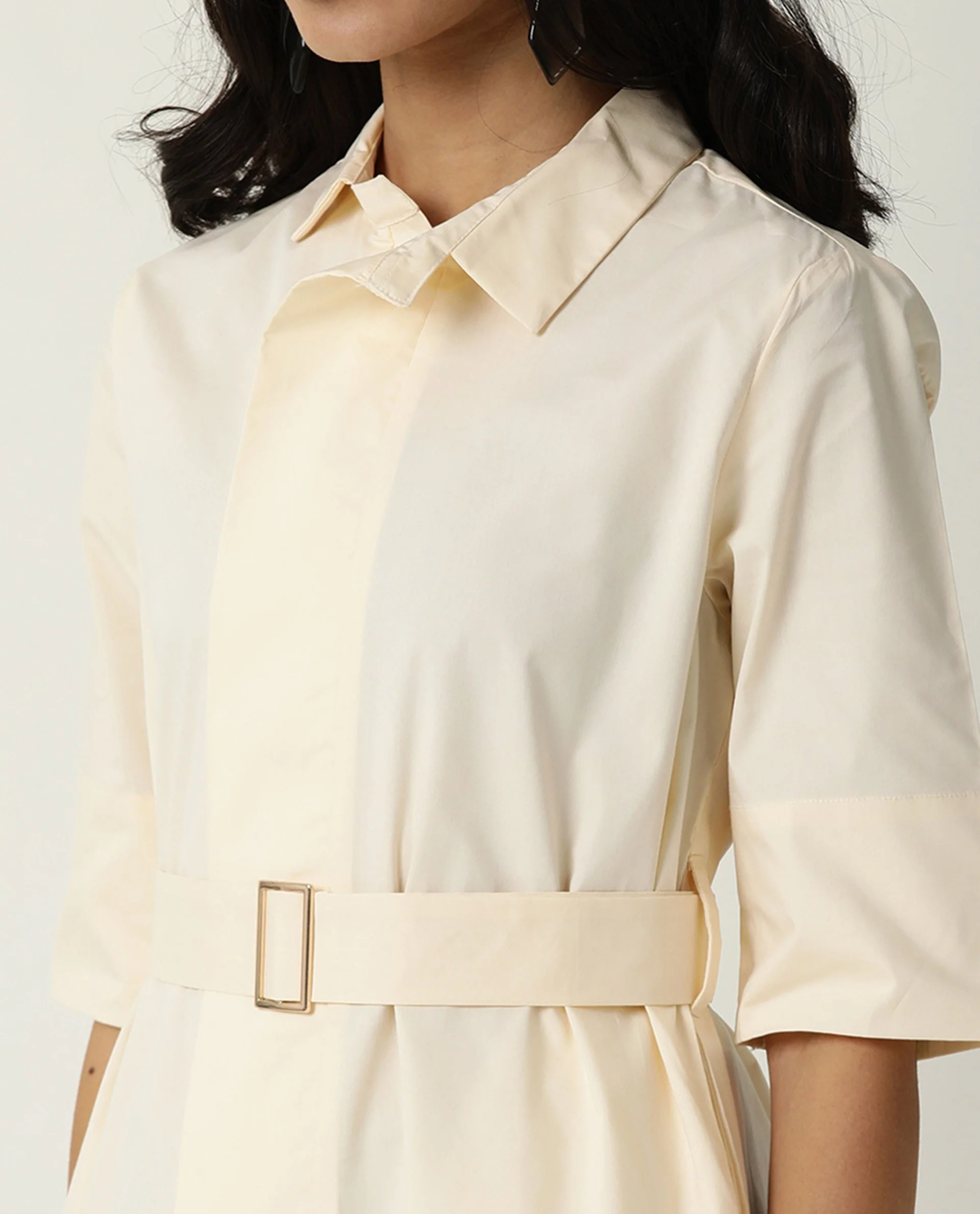 Rareism Women's Cisco Beige Cotton Blend Spread Collar Plain Knee Length Regular Fit Top - Image 2