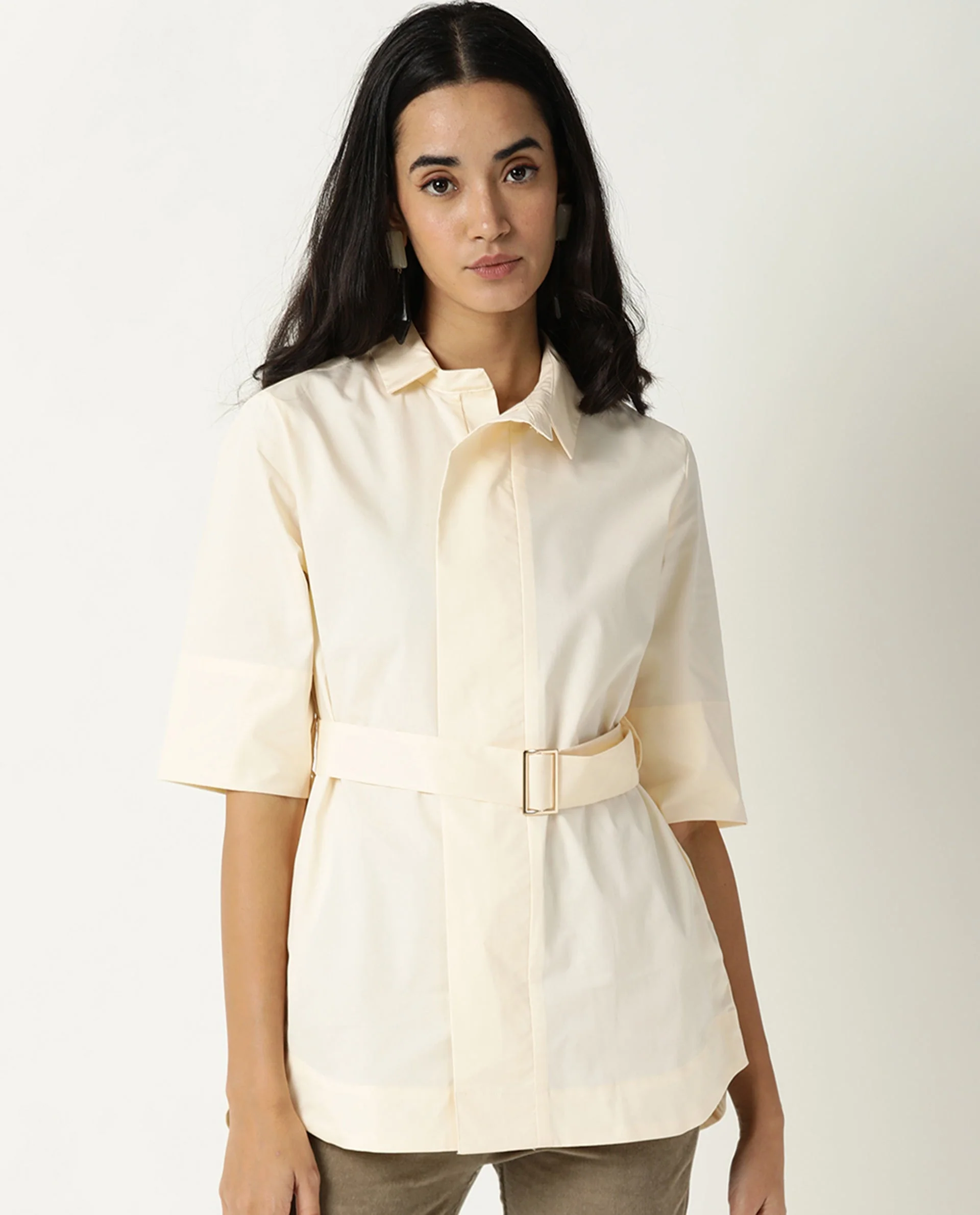 Rareism Women's Cisco Beige Cotton Blend Spread Collar Plain Knee Length Regular Fit Top - Image 3