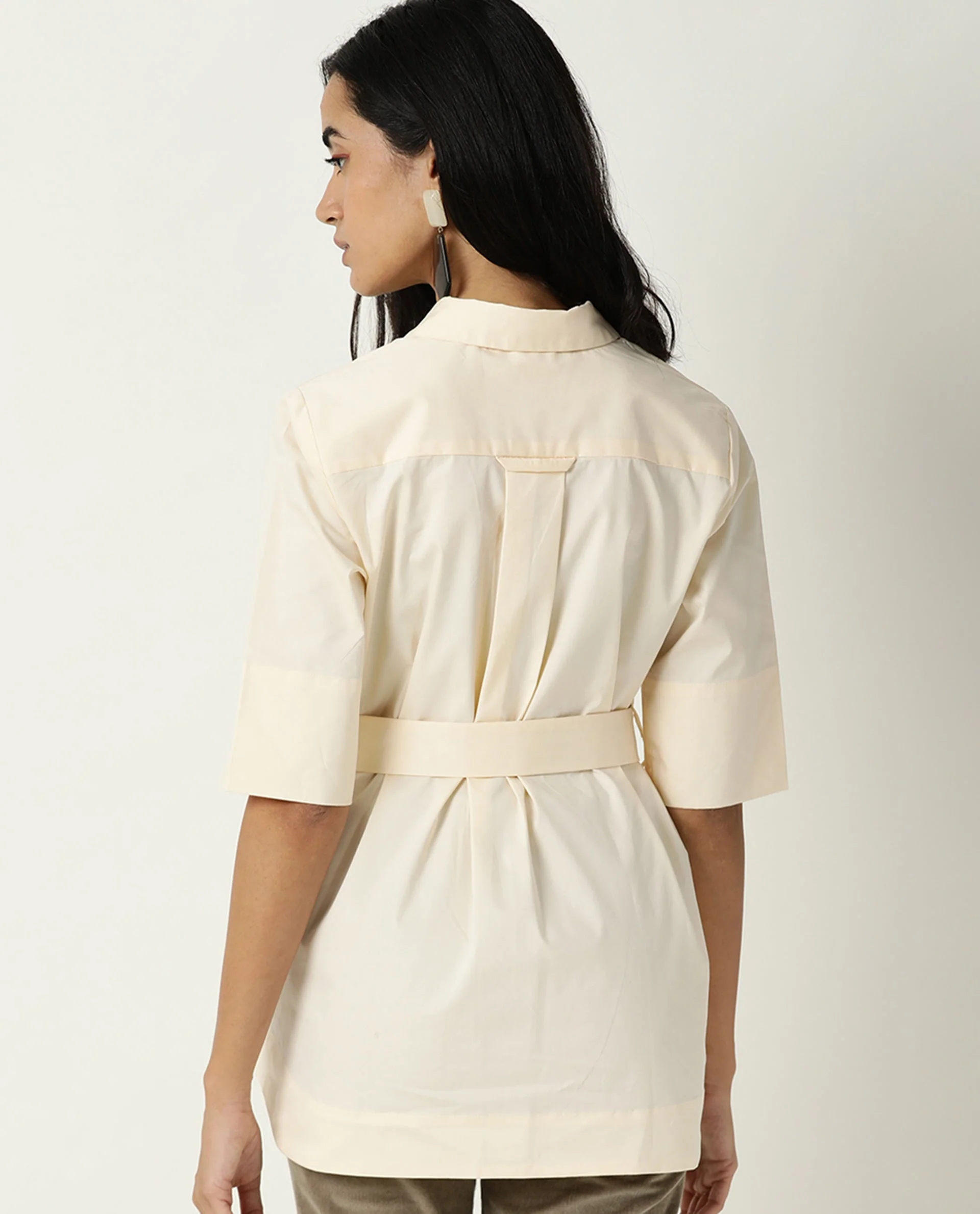 Rareism Women's Cisco Beige Cotton Blend Spread Collar Plain Knee Length Regular Fit Top - Image 4