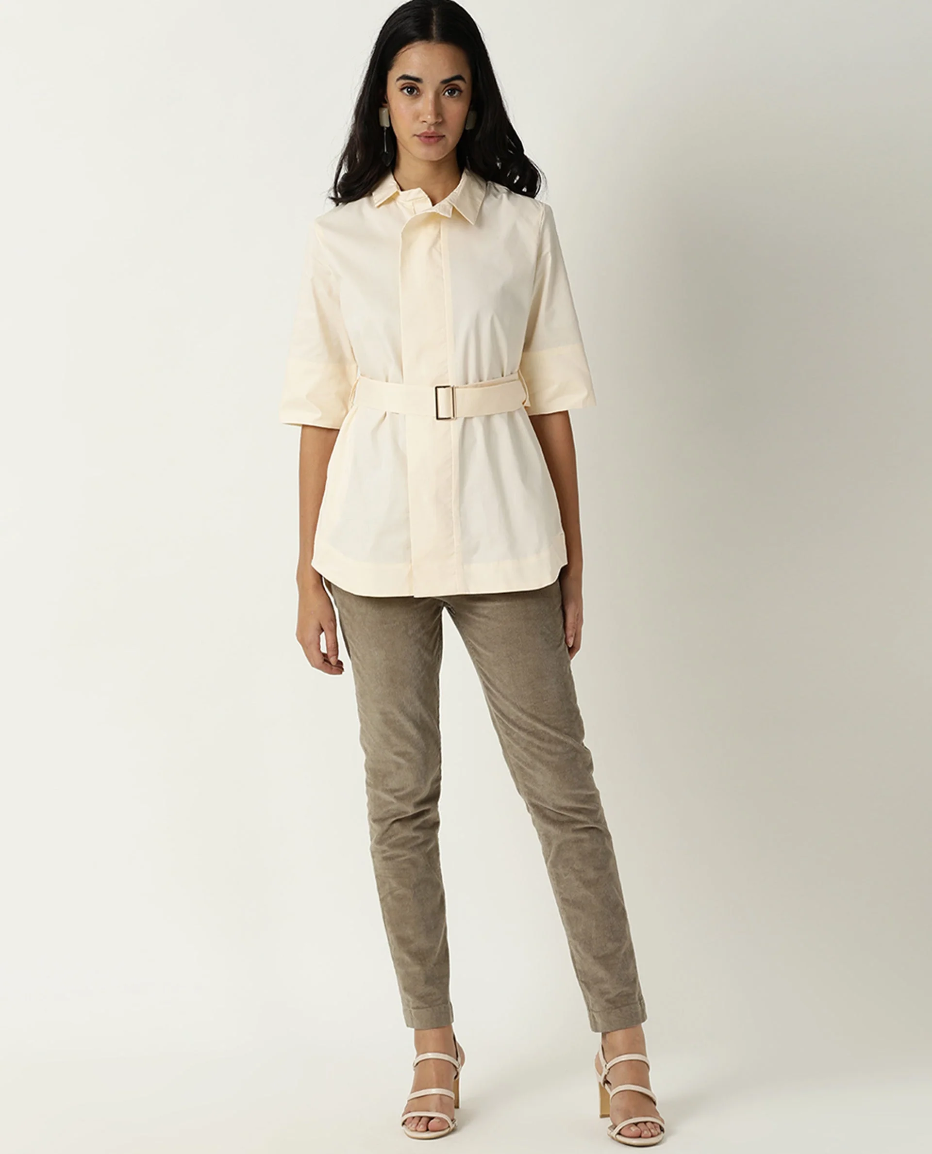 Rareism Women's Cisco Beige Cotton Blend Spread Collar Plain Knee Length Regular Fit Top - Image 5