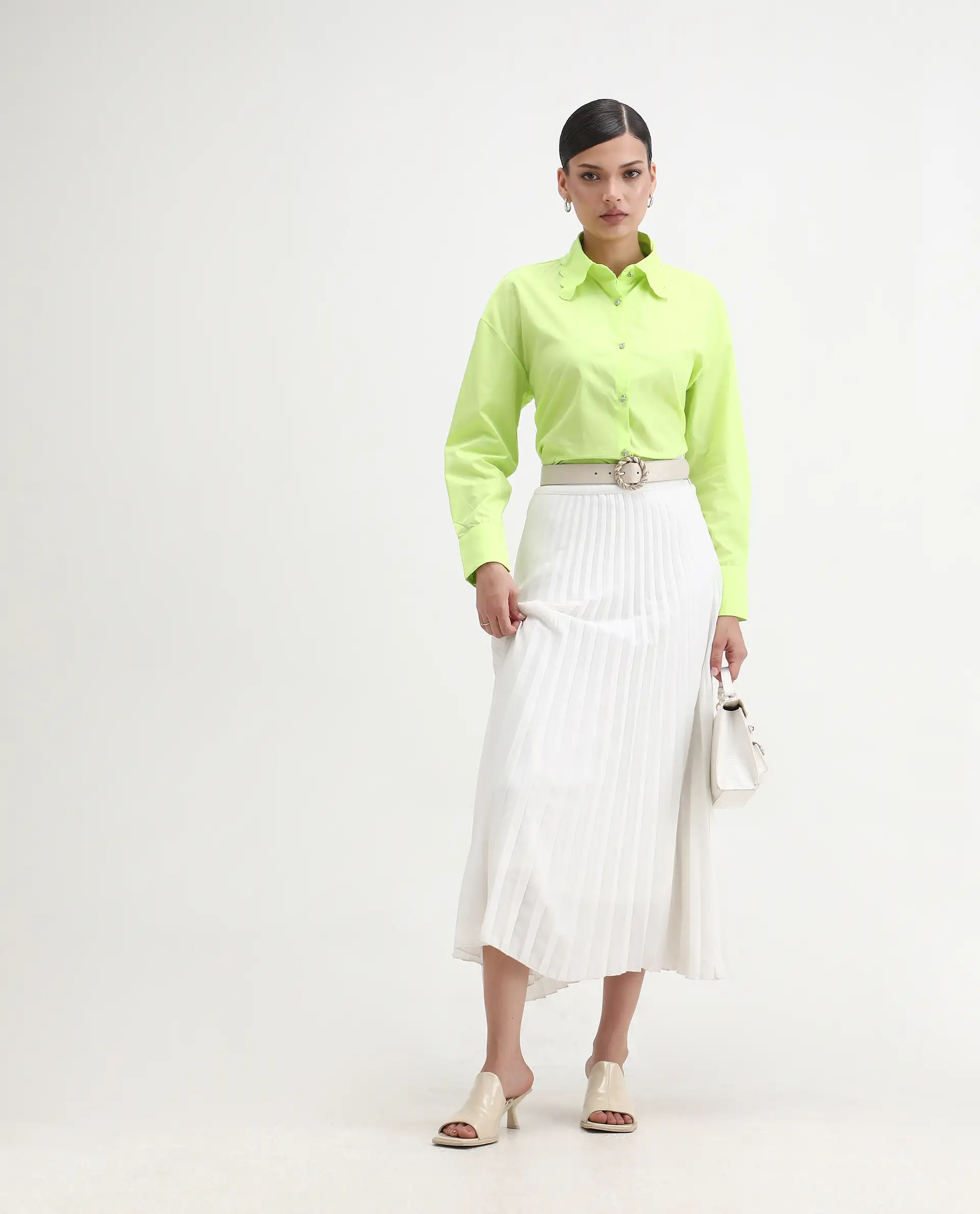 Rareism Women's Citta Flouroscent Green Cotton Drop Collar Plain Cuffed Sleeve Regular Fit Shirt - Image 2