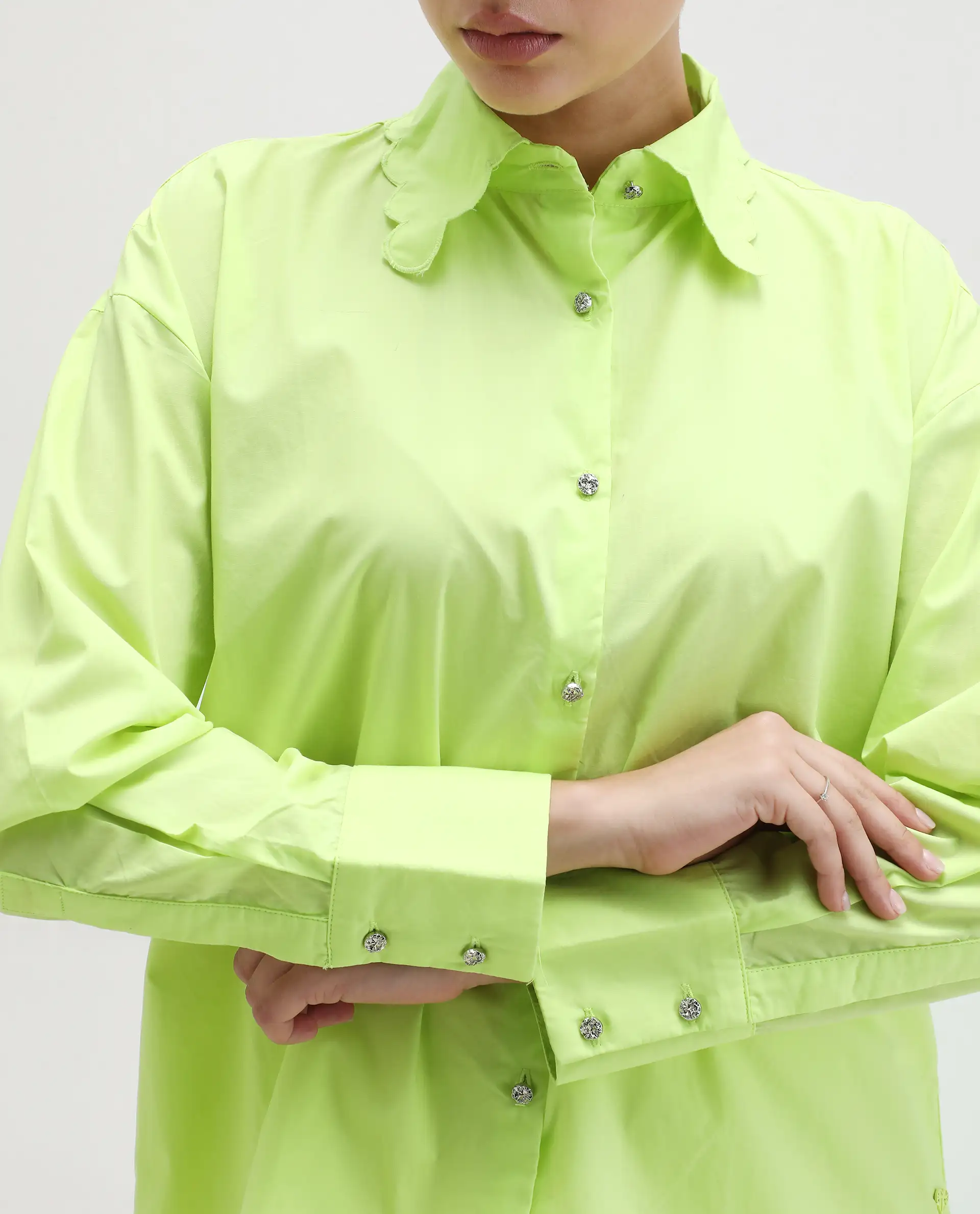 Rareism Women's Citta Flouroscent Green Cotton Drop Collar Plain Cuffed Sleeve Regular Fit Shirt - Image 3