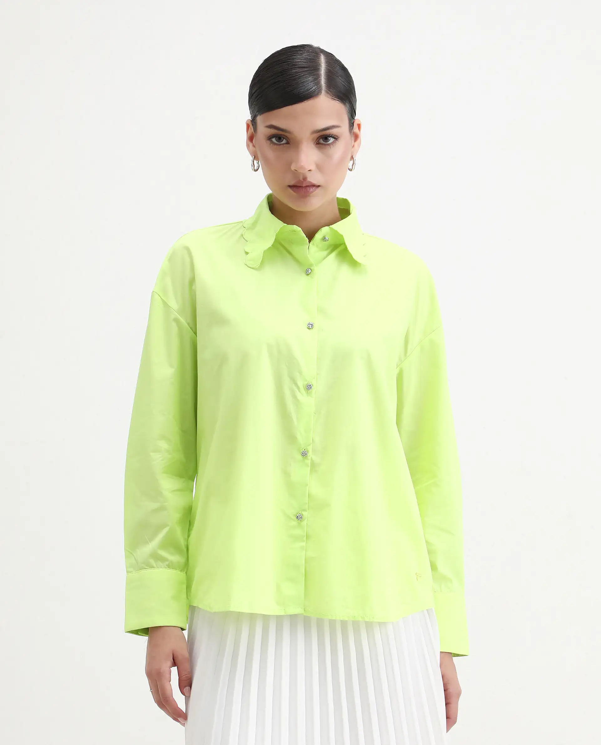 Rareism Women's Citta Flouroscent Green Cotton Drop Collar Plain Cuffed Sleeve Regular Fit Shirt - Image 4