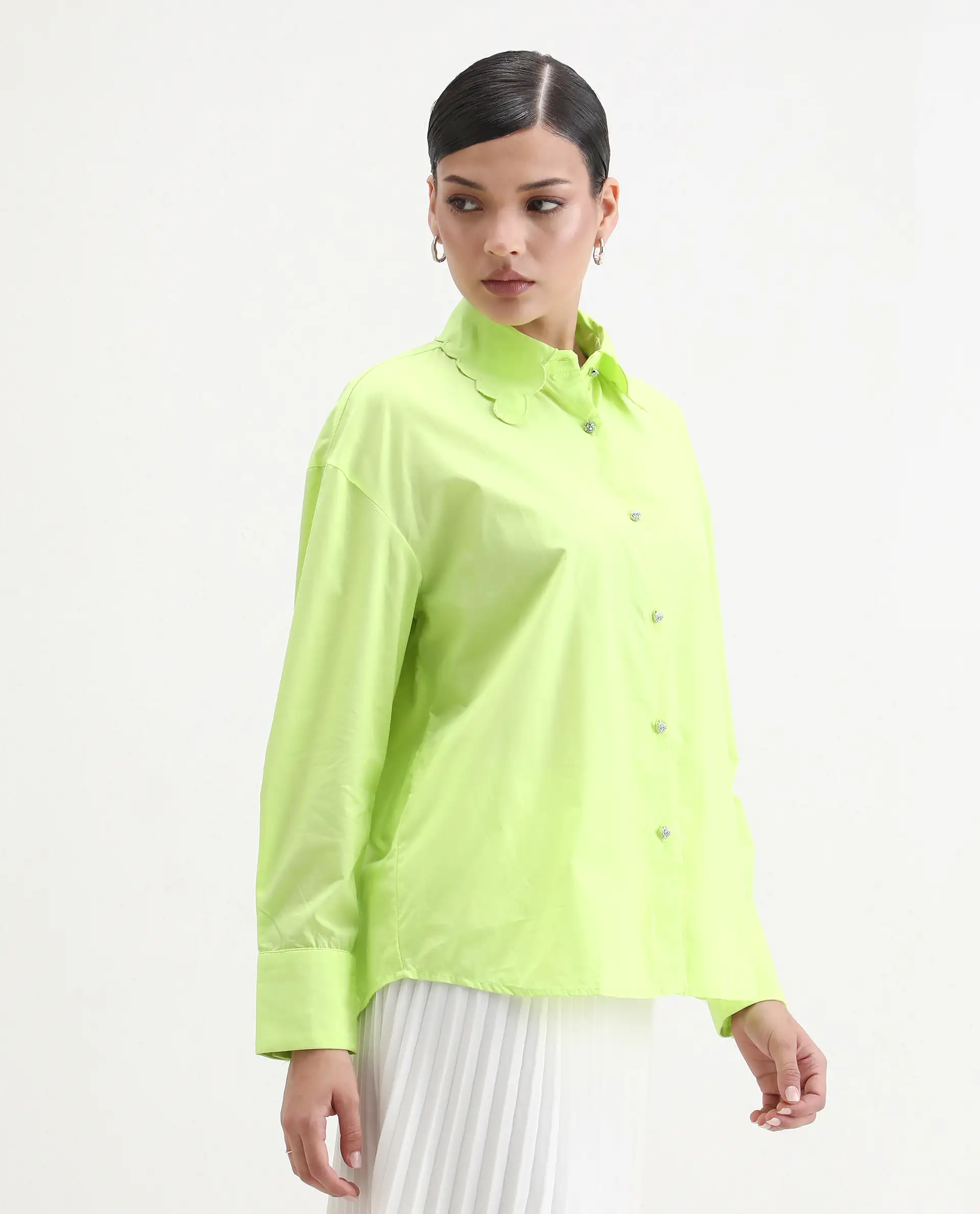 Rareism Women's Citta Flouroscent Green Cotton Drop Collar Plain Cuffed Sleeve Regular Fit Shirt - Image 5