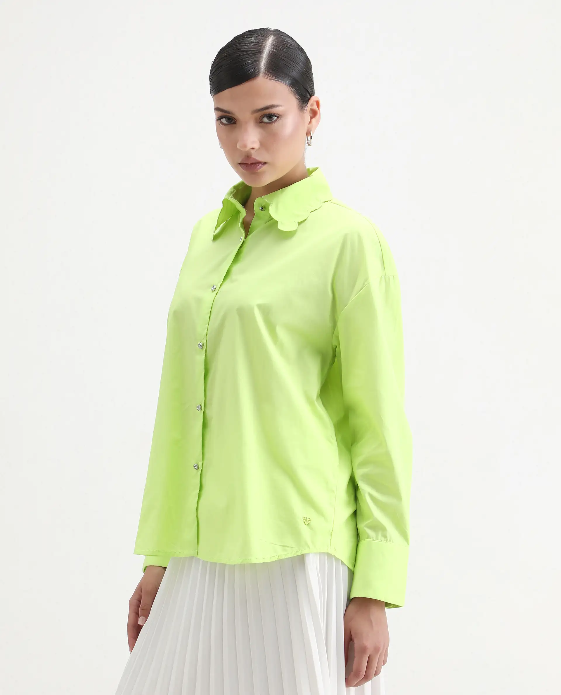 Rareism Women's Citta Flouroscent Green Cotton Drop Collar Plain Cuffed Sleeve Regular Fit Shirt - Image 6