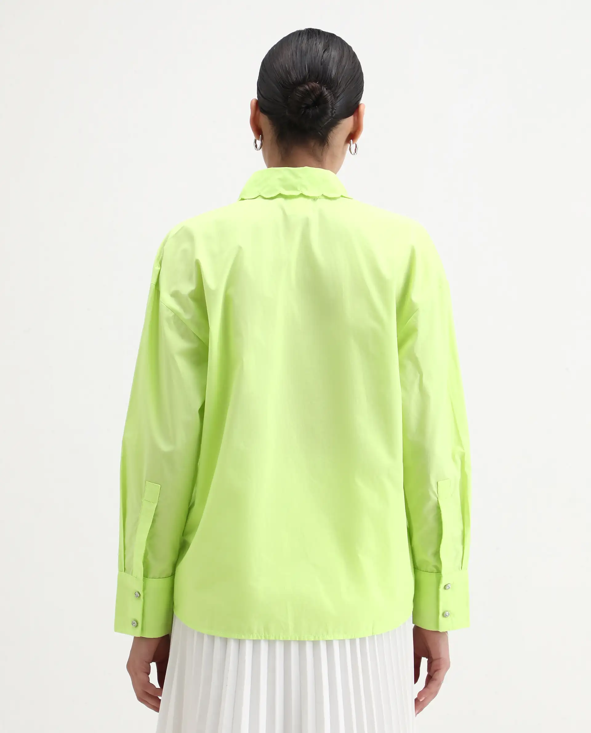 Rareism Women's Citta Flouroscent Green Cotton Drop Collar Plain Cuffed Sleeve Regular Fit Shirt - Image 7